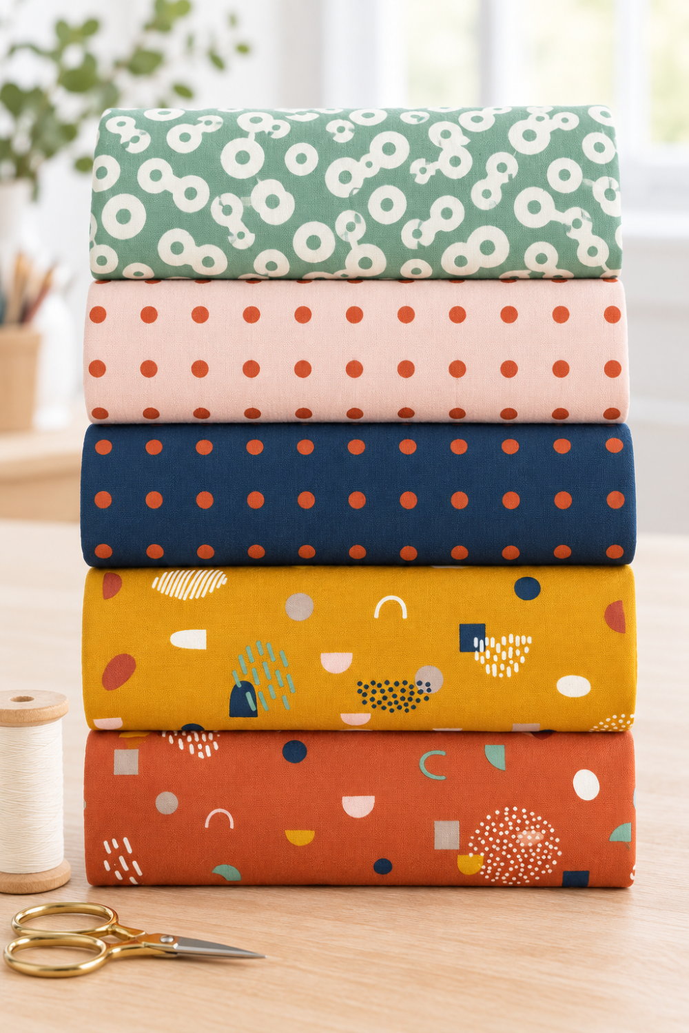 Coordinating Frisky fabrics by Zen Chic for Moda Fabrics stacked on a sewing table – Floating Chill sage rings, In A Row Sweetie blush dots, In A Row Moody navy dots, Catch Me Sunny mustard shapes, and Catch Me Cheeky rust shapes, with thread and gold scissors. All available at IraRobi Quilts.
