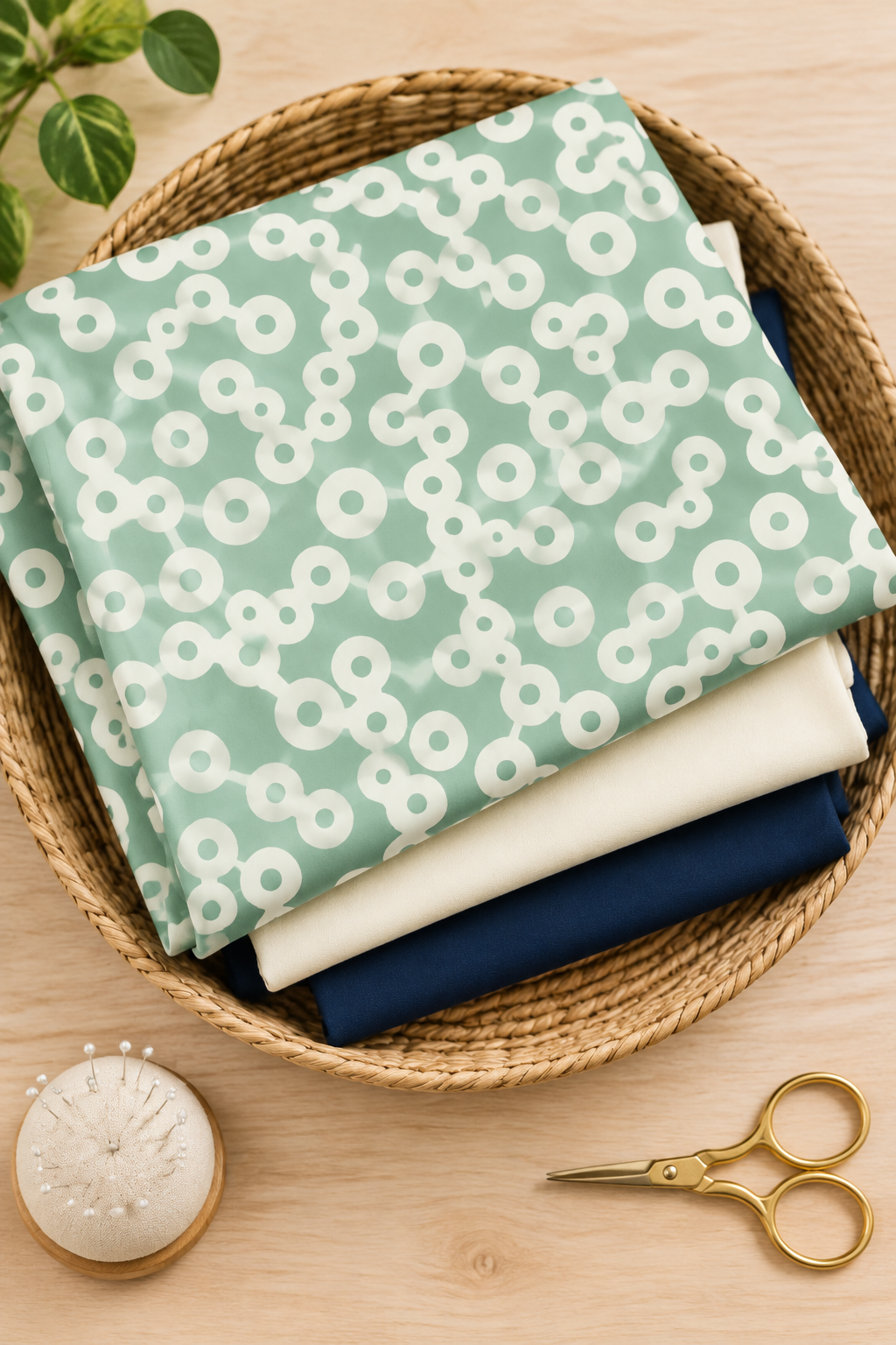 Frisky Floating Chill folded in a basket with cream and navy solids