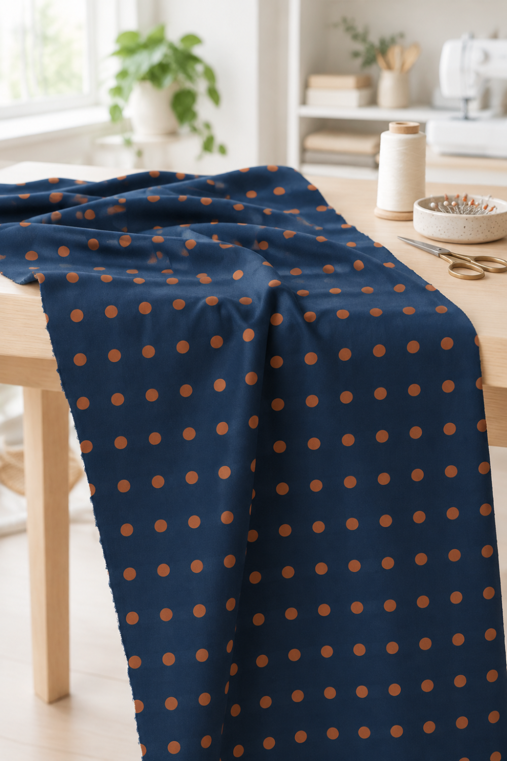 Frisky In A Row Moody fabric by Zen Chic for Moda Fabrics draped over a wooden sewing table in a bright studio with thread, a pin dish, and scissors. Available at IraRobi Quilts.