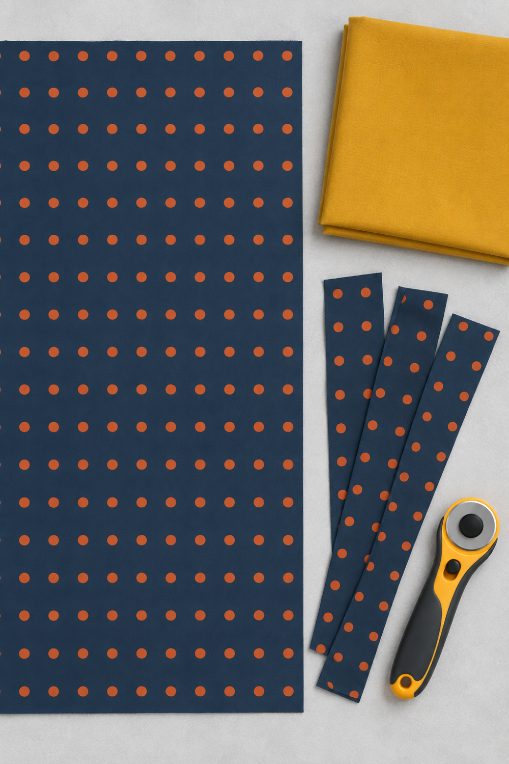 Frisky In A Row Moody fabric by Zen Chic for Moda Fabrics laid flat with cut strips, a rotary cutter, and a folded mustard coordinating fabric. Available at IraRobi Quilts.