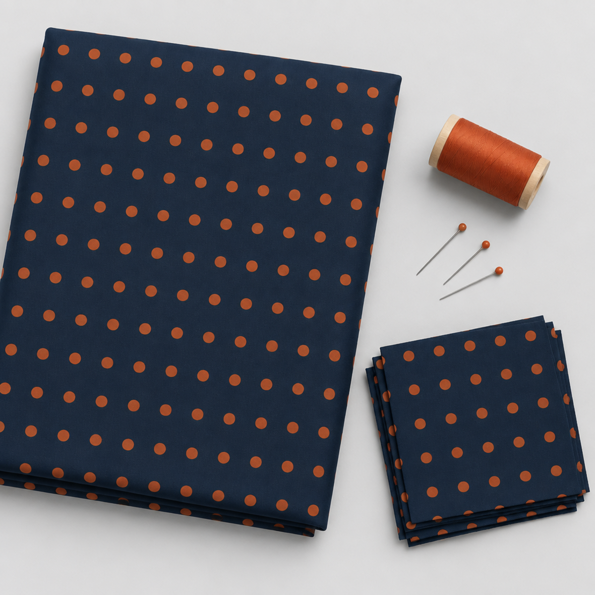 Frisky In A Row Moody fabric by Zen Chic for Moda Fabrics folded beside a stack of cut squares, a spool of rust-orange thread, and pins on a light grey background.
