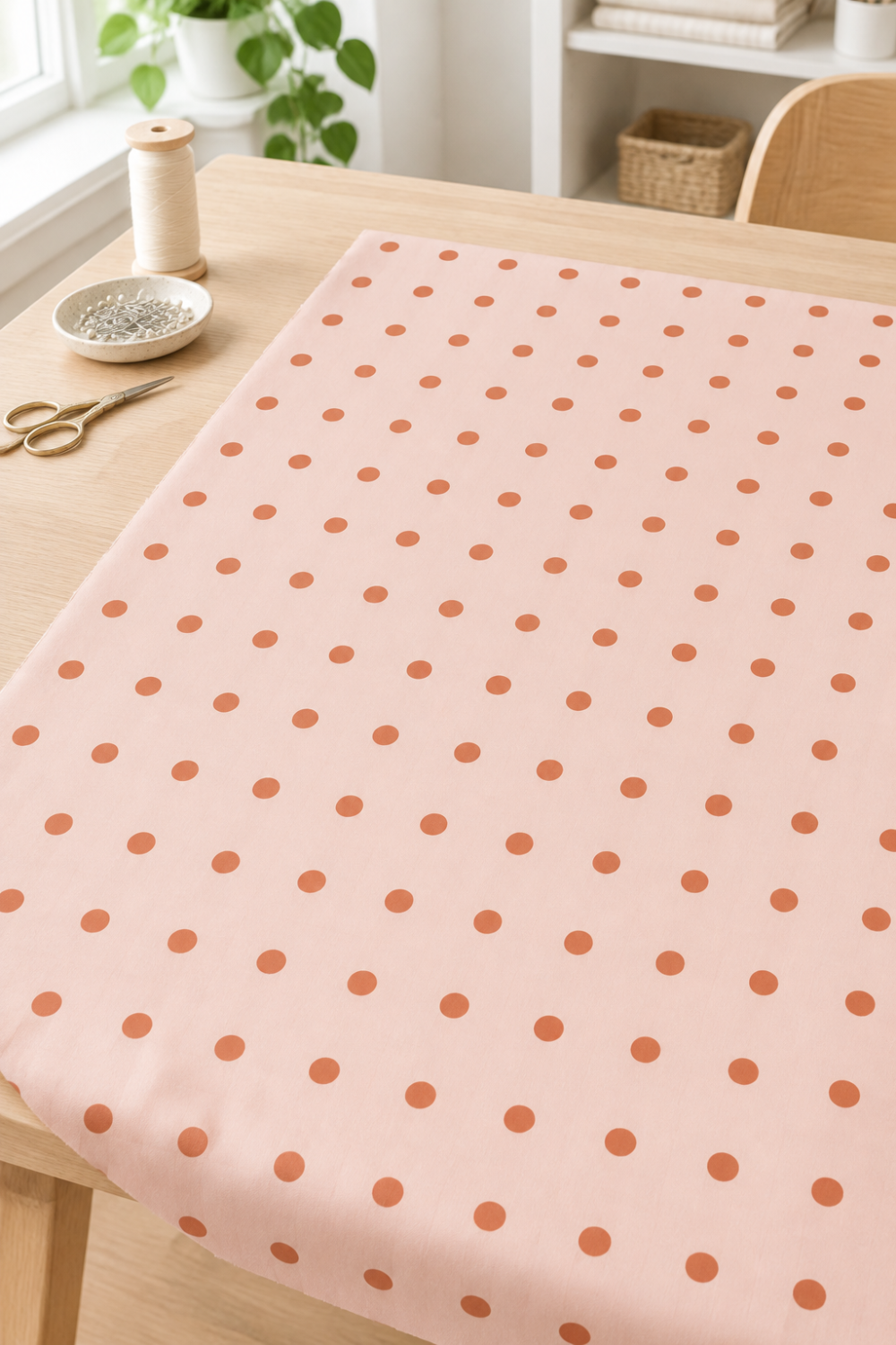 Frisky In A Row Sweetie fabric by Zen Chic for Moda Fabrics spread across a light wooden sewing table in a bright studio with a spool of thread, a pin dish, and scissors. Available at IraRobi Quilts.