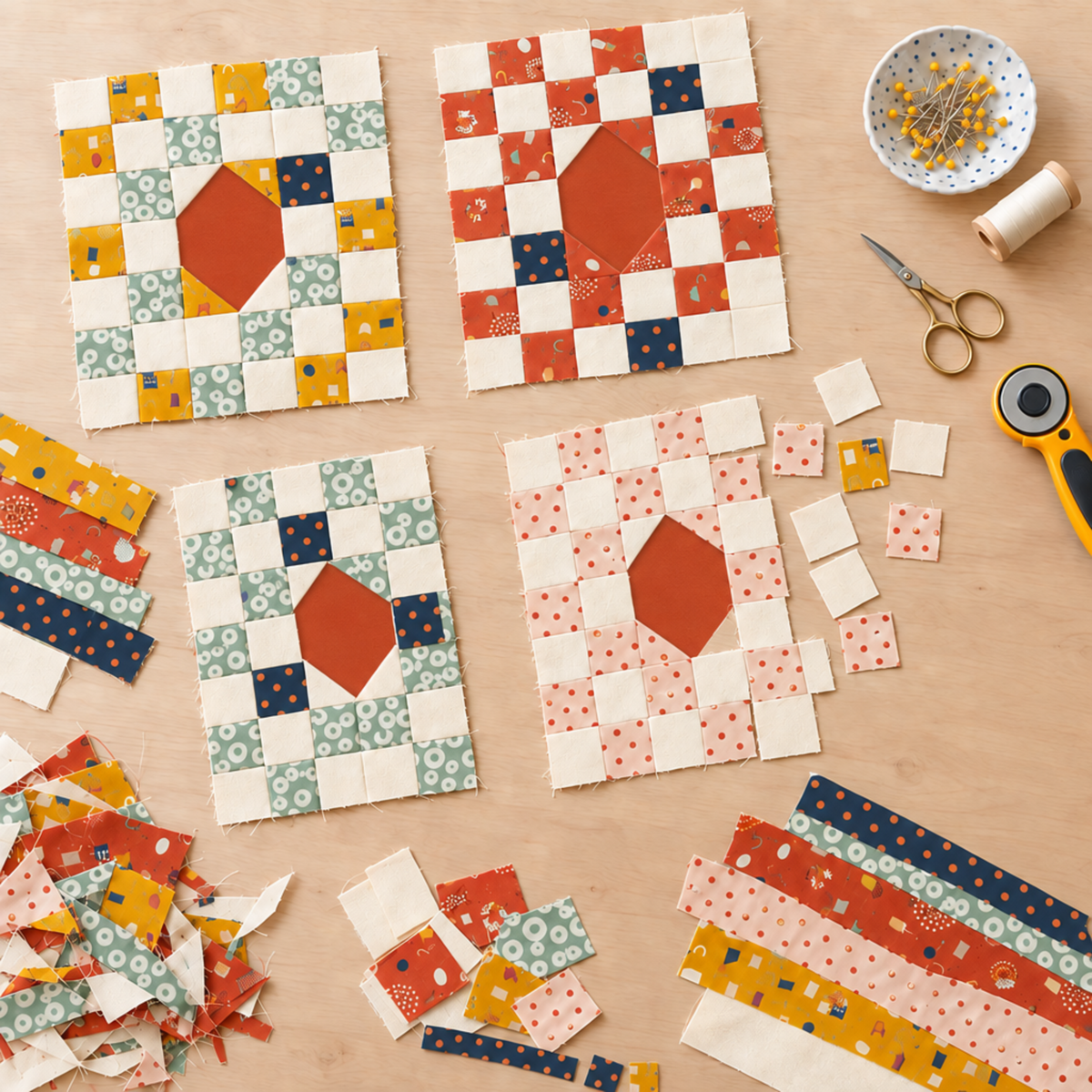 Work-in-progress Garden Afternoons quilt blocks made with Frisky fabrics by Zen Chic for Moda Fabrics – checkerboard ring blocks in mustard, rust, sage, blush, and navy prints with cream squares and rust-orange centers, surrounded by fabric remnants, cut strips, pins, thread, scissors, and a rotary cutter. Quilts shown for inspiration feature the Garden Afternoons Quilt Pattern by Zen Chic — all available at IraRobi Quilts.