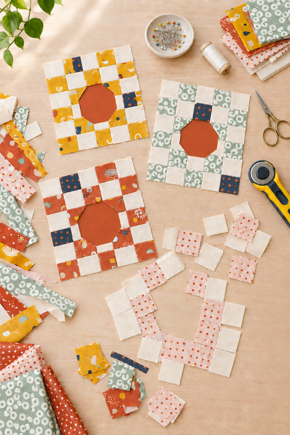 Garden Afternoons quilt blocks in progress with Frisky fabrics by Zen Chic for Moda Fabrics – finished ring blocks with rust-orange centers and one block laid out in loose squares, beside remnant scraps, folded fabrics, and sewing tools on a wooden table. Quilts shown for inspiration feature the Garden Afternoons Quilt Pattern by Zen Chic — all available at IraRobi Quilts.