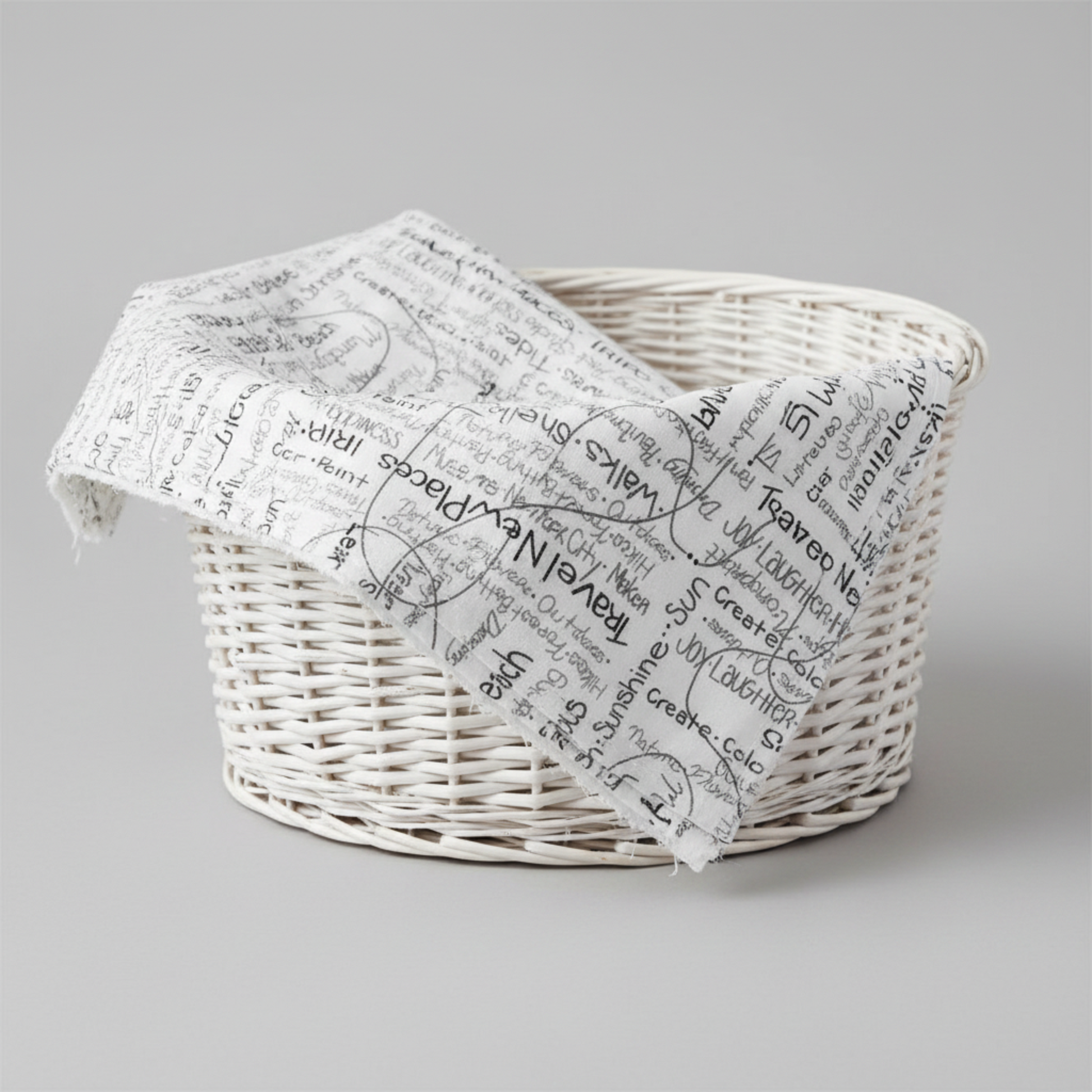 Writing on the Wall Going Places White quilting cotton by Sew Kind of Wonderful for FreeSpirit Fabrics -- fabric draped over a white wicker basket on a light grey surface, crisp white ground with handwritten black travel words including Travel, New Places, Joy, Ocean, Waves, Beach, Sunshine, and Create