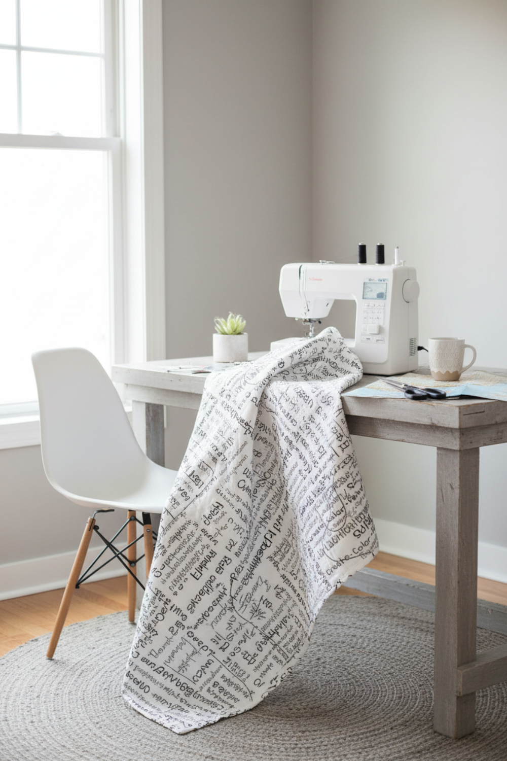 Writing on the Wall Going Places White quilting cotton by Sew Kind of Wonderful for FreeSpirit Fabrics -- bright airy sewing room lifestyle scene with white travel word fabric draped over a sewing chair and table, modern white sewing machine, thread spools, scissors, potted plant, paper map, and ceramic mug in natural light