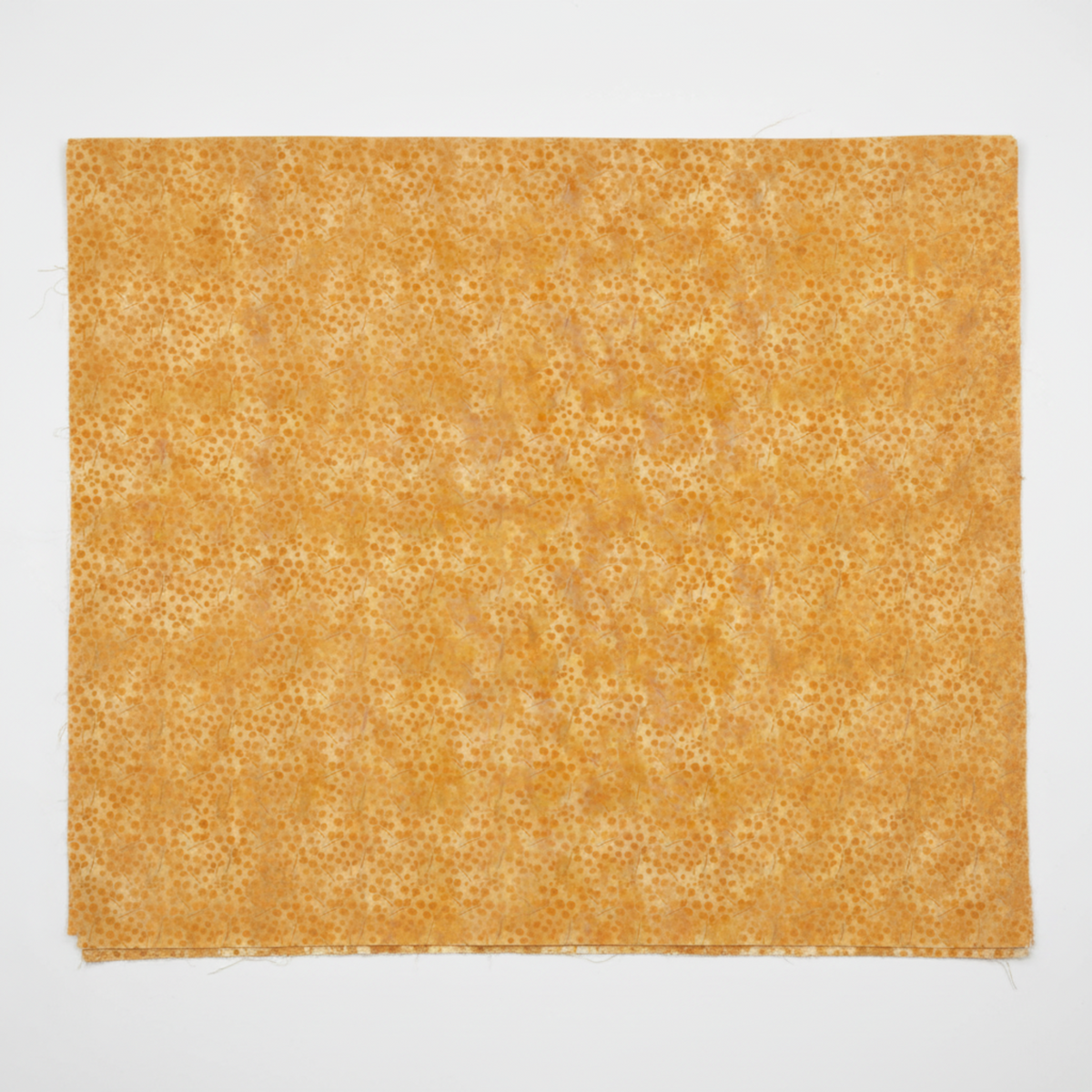 Autumn Celebration Gold Berries quilting cotton — unfolded flat lay on white surface showing the full scattered dot cluster pattern across the golden amber ground with raw cut edges visible. Low-contrast tonal blender. 100% cotton, 43–44" wide.