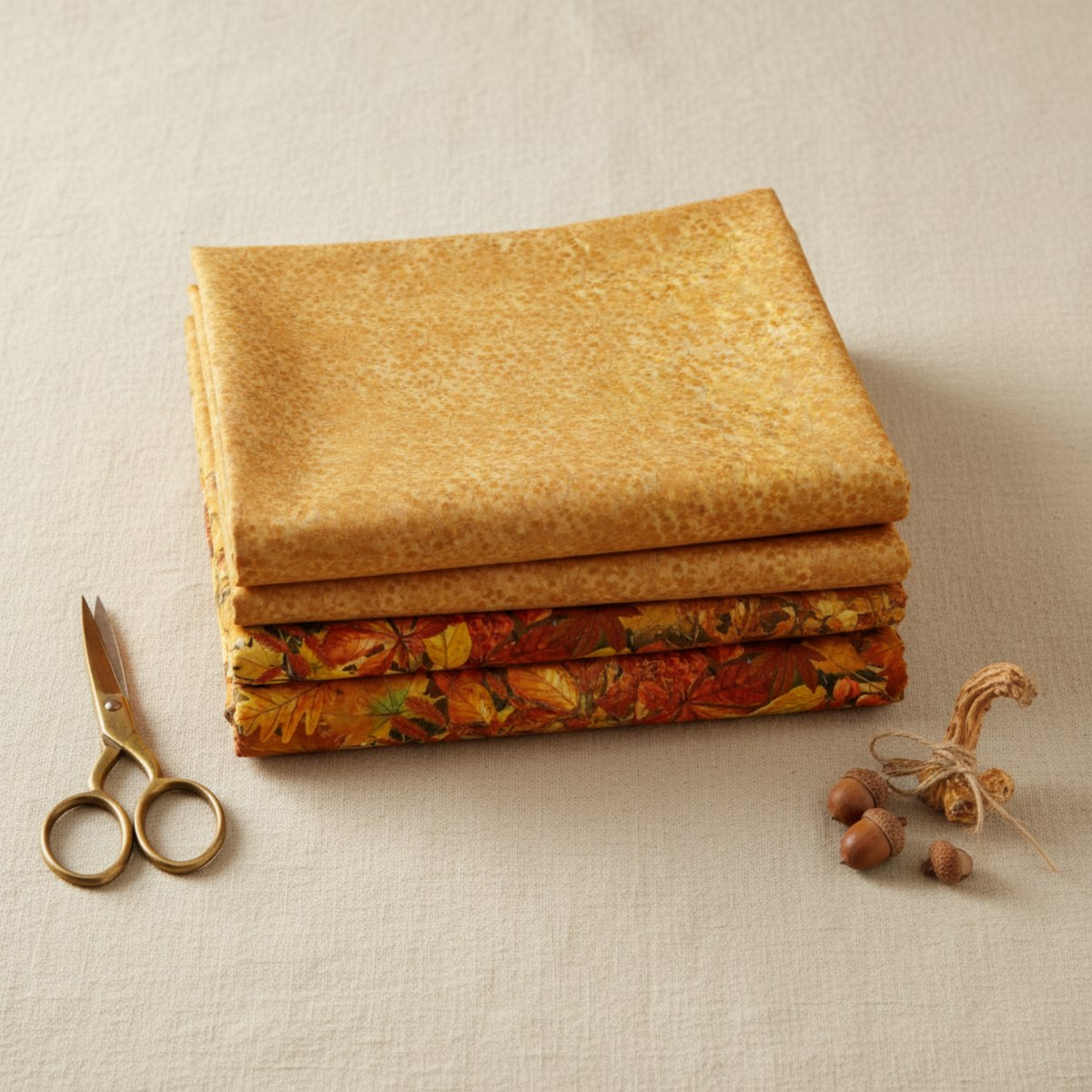 Autumn Celebration Gold Berries quilting cotton — folded as top hero on a neat stack with coordinating autumn leaf and Multi Vegetables harvest prints beneath. Brass scissors and tied acorn bundle on cream linen. Coordinating fabrics and quilt patterns available at IraRobi Quilts.