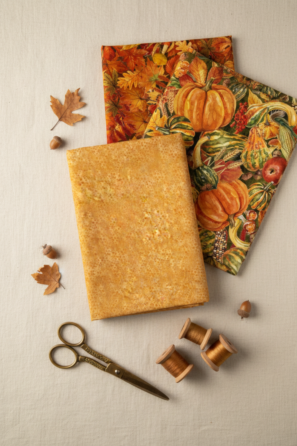 Autumn Celebration Gold Berries quilting cotton — folded fat quarter as front hero with coordinating Autumn Celebration fabrics fanned behind: rich autumn leaf print and Multi Vegetables harvest print with pumpkins and gourds. Brass scissors and amber thread spools on cream linen. Coordinating fabrics and quilt patterns available at IraRobi Quilts.