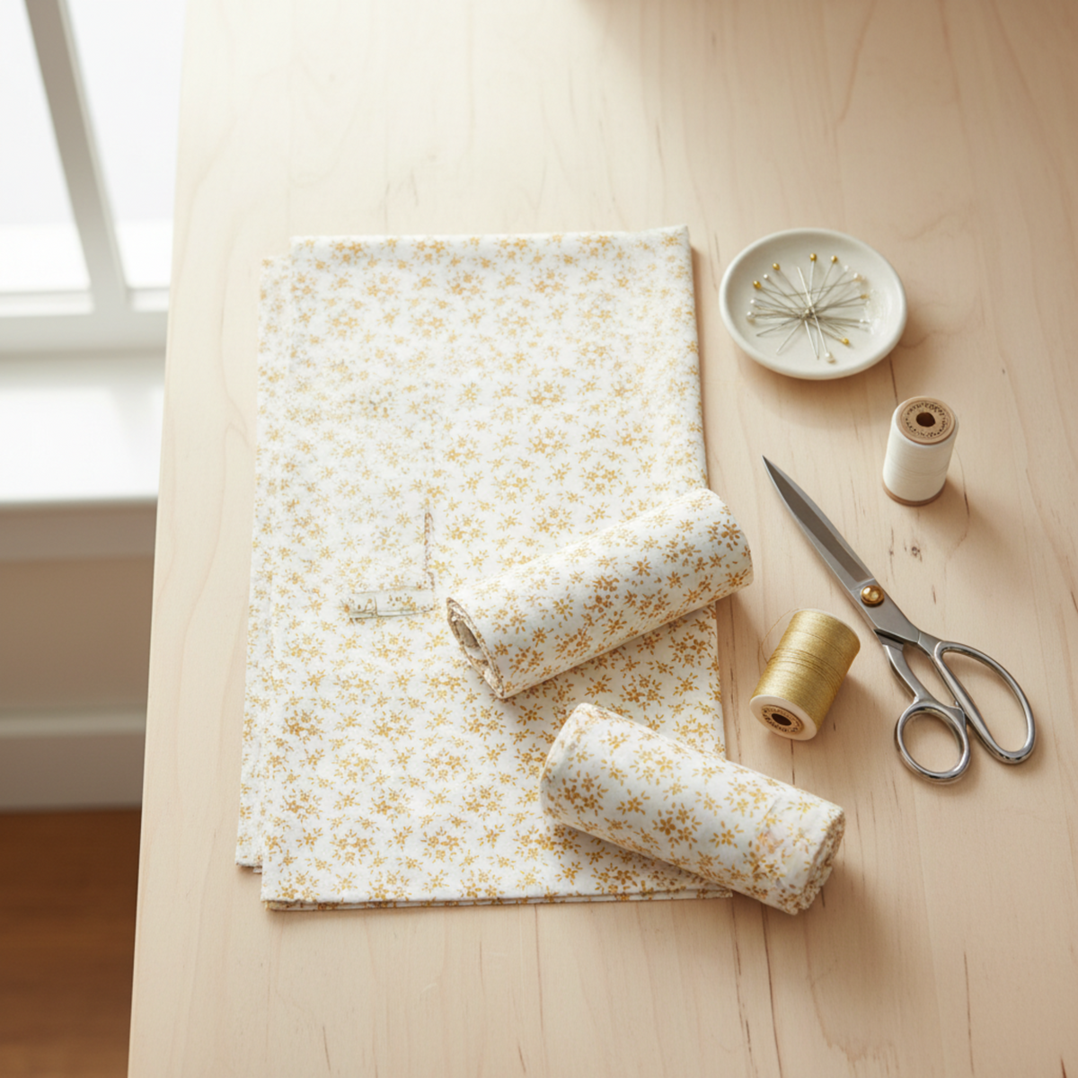 Garden of Dreams II Gold Buds quilting cotton folded and rolled in a warm sewing-room setting with gold thread and fabric shears