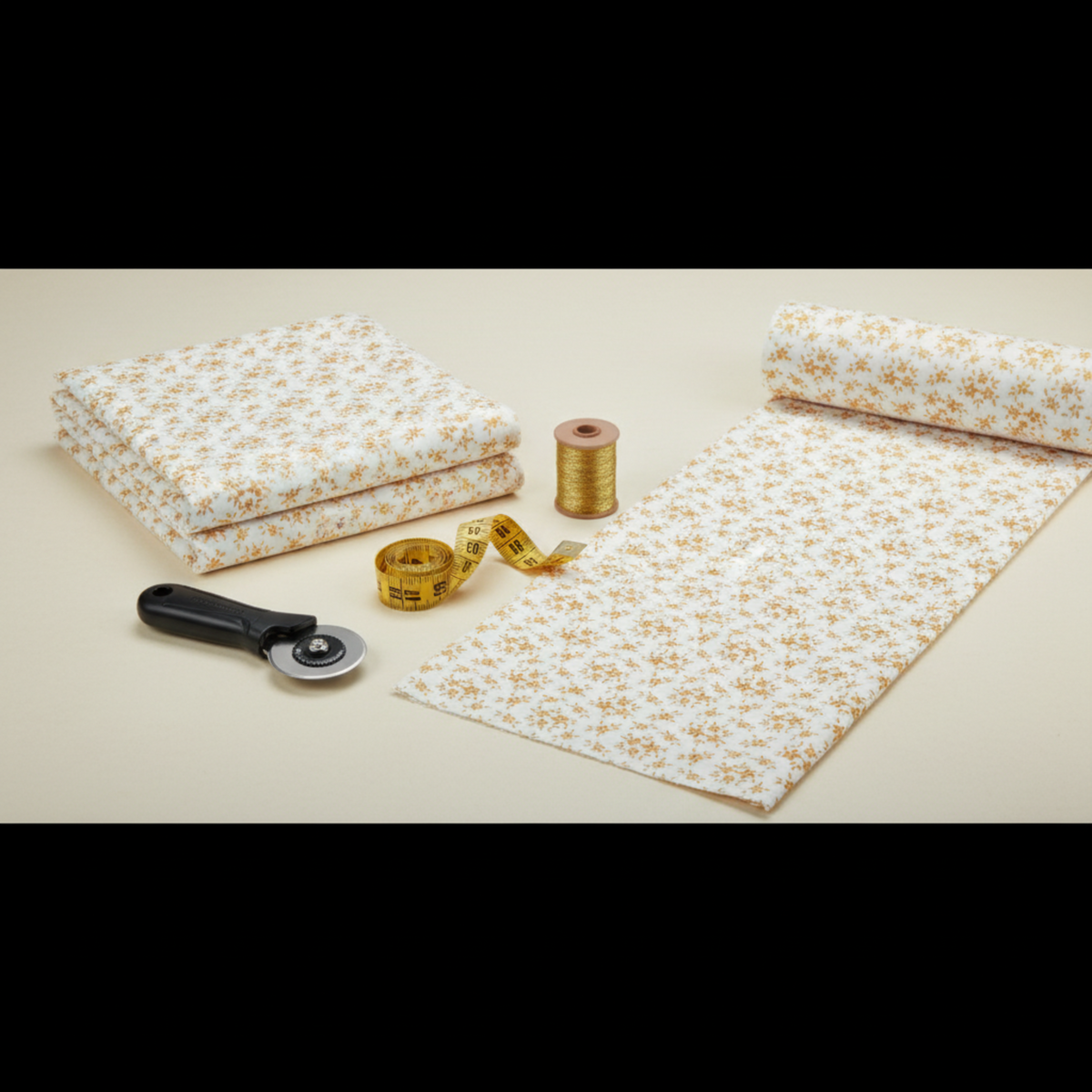 Garden of Dreams II Gold Buds 3-yard cut quilting cotton folded and partially unrolled on a sewing table with quilting tools