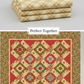 Golden Era Floral Plaid Tan quilting cotton by Paula Barnes for Marcus Fabrics — shown alongside a traditional on-point star sampler quilt pattern, a perfect pairing for background, sashing, and setting squares