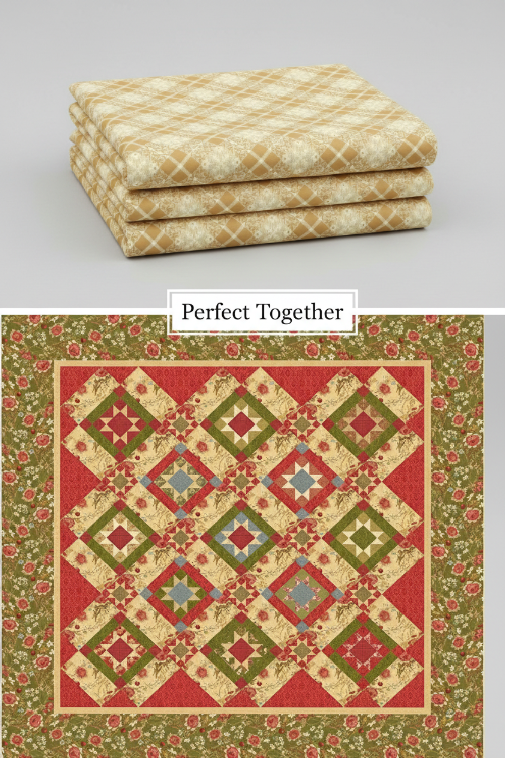 Golden Era Floral Plaid Tan quilting cotton by Paula Barnes for Marcus Fabrics — shown alongside a traditional on-point star sampler quilt pattern, a perfect pairing for background, sashing, and setting squares