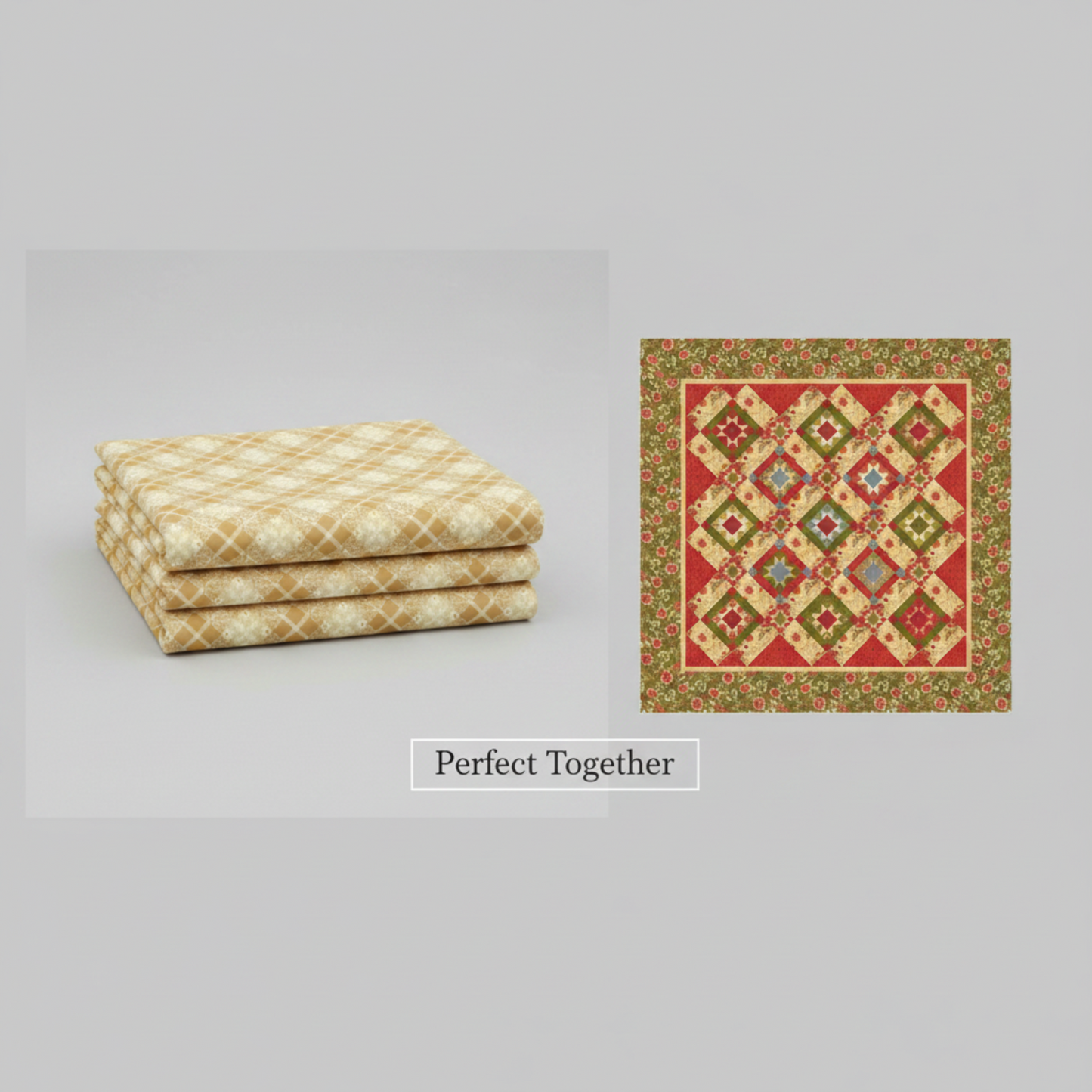 Golden Era Floral Plaid Tan quilting cotton by Paula Barnes for Marcus Fabrics — shown alongside a traditional on-point star sampler quilt pattern, a perfect pairing for background, sashing, and setting squares