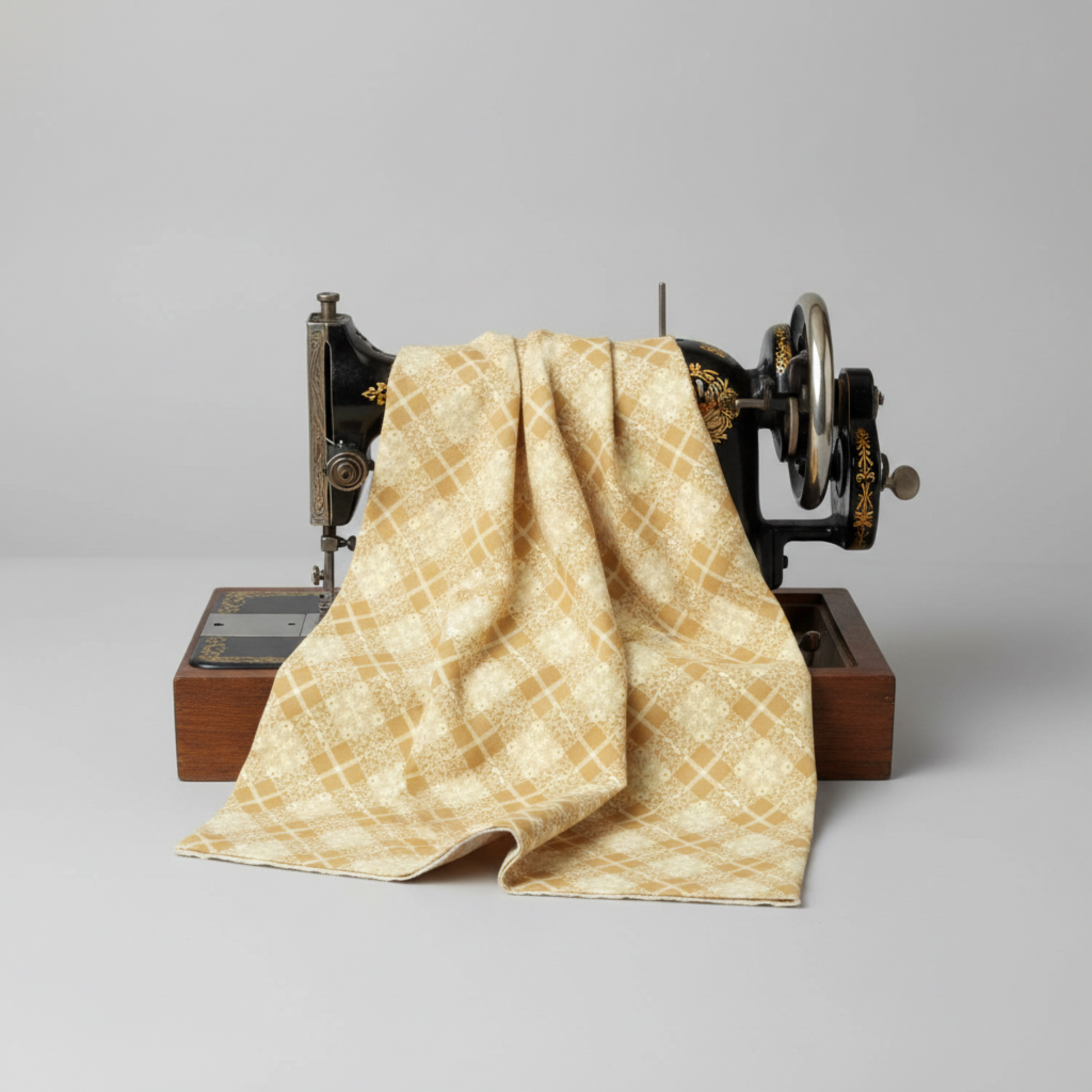 GGolden Era Floral Plaid Tan quilting cotton by Paula Barnes for Marcus Fabrics — fabric draped over a vintage sewing machine showing natural folds, warm tan-gold ground with diagonal lattice grid and delicate cream floral wreath motifs
