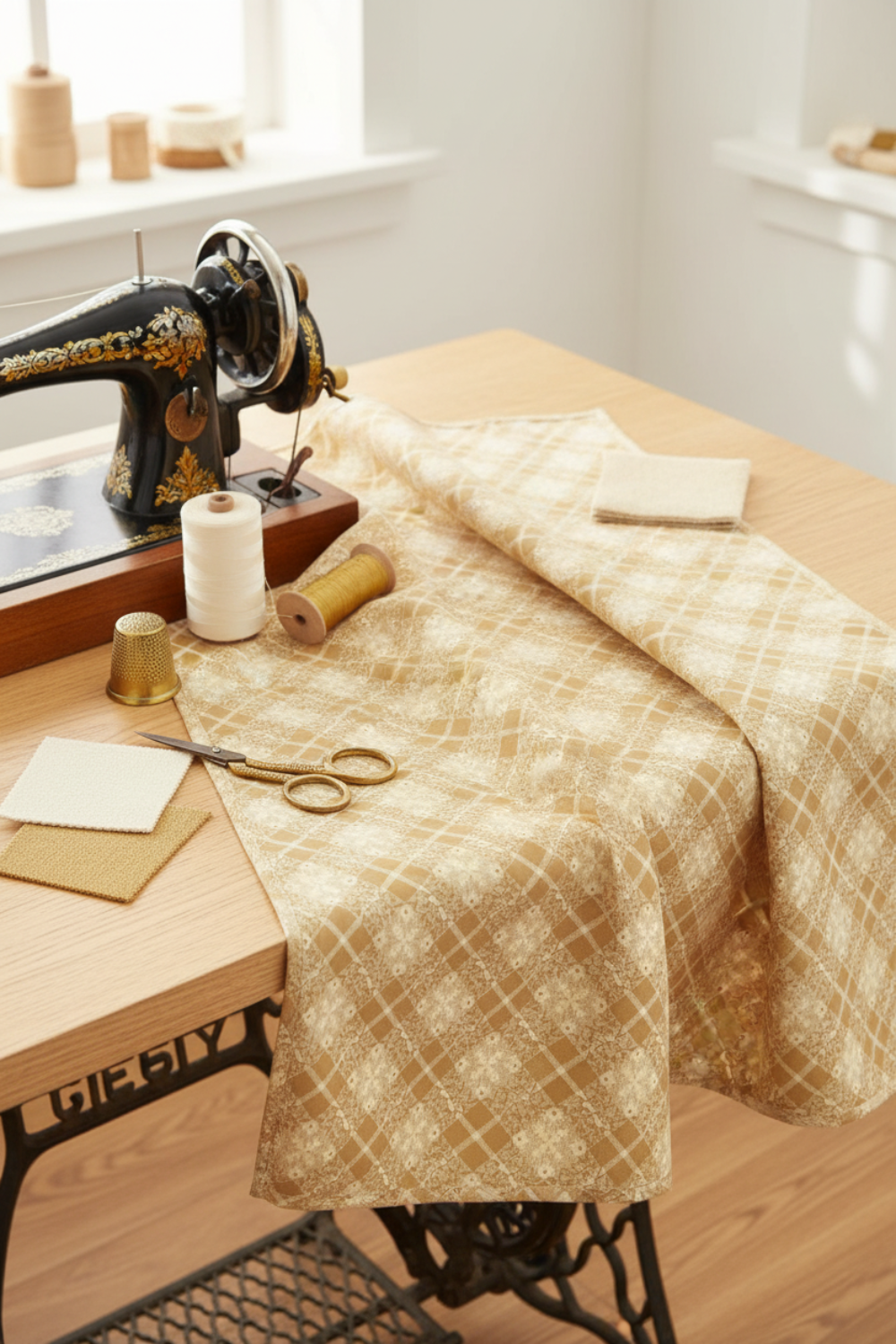 Golden Era Floral Plaid Tan quilting cotton by Paula Barnes for Marcus Fabrics — styled sewing room flat lay in warm traditional aesthetic with tan-gold lattice fabric, vintage sewing machine, gold thread spools, scissors, and coordinating cream and tan fabric swatches