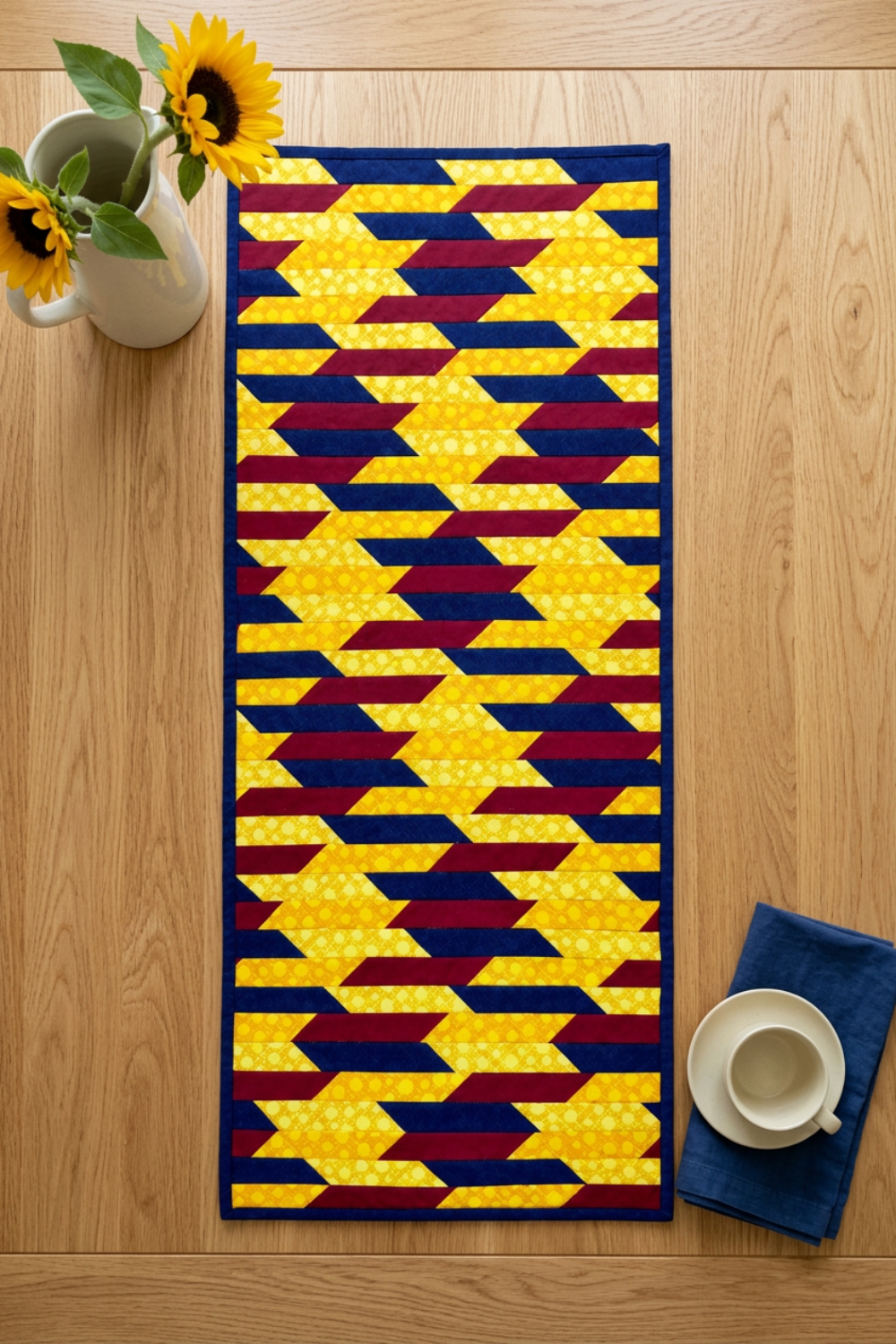 Golden Weave quilted table runner centered on a light wood tabletop beside a pitcher of sunflowers and a cream cup and saucer on a folded navy napkin.