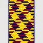 Golden Weave handmade quilted table runner with golden yellow dotted fabric, interlacing navy and burgundy strips, and navy binding, displayed flat on light gray.