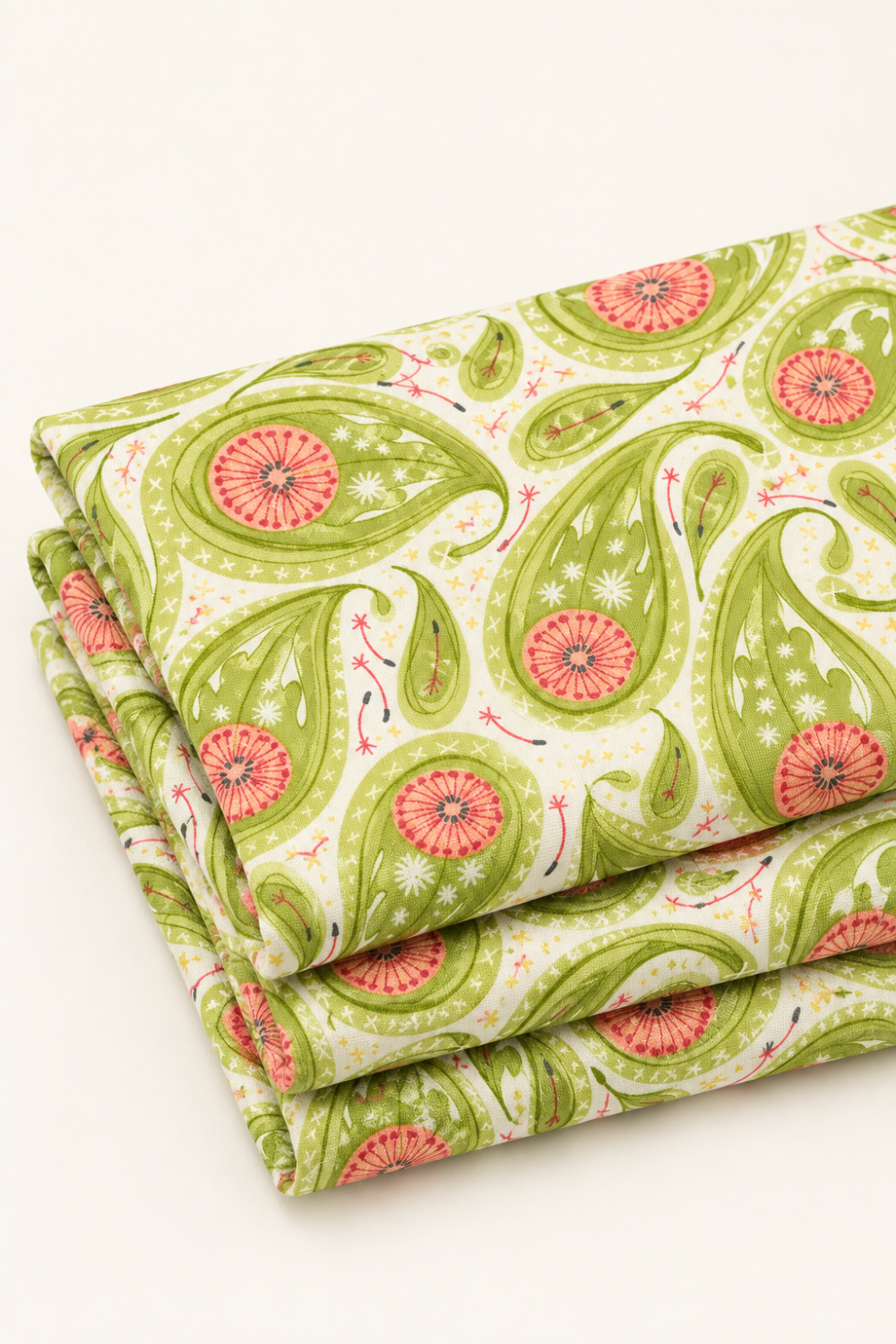 Close view of folded Dandi Duo Grass fabric, showing its green paisley leaves and pink floral details on cream.