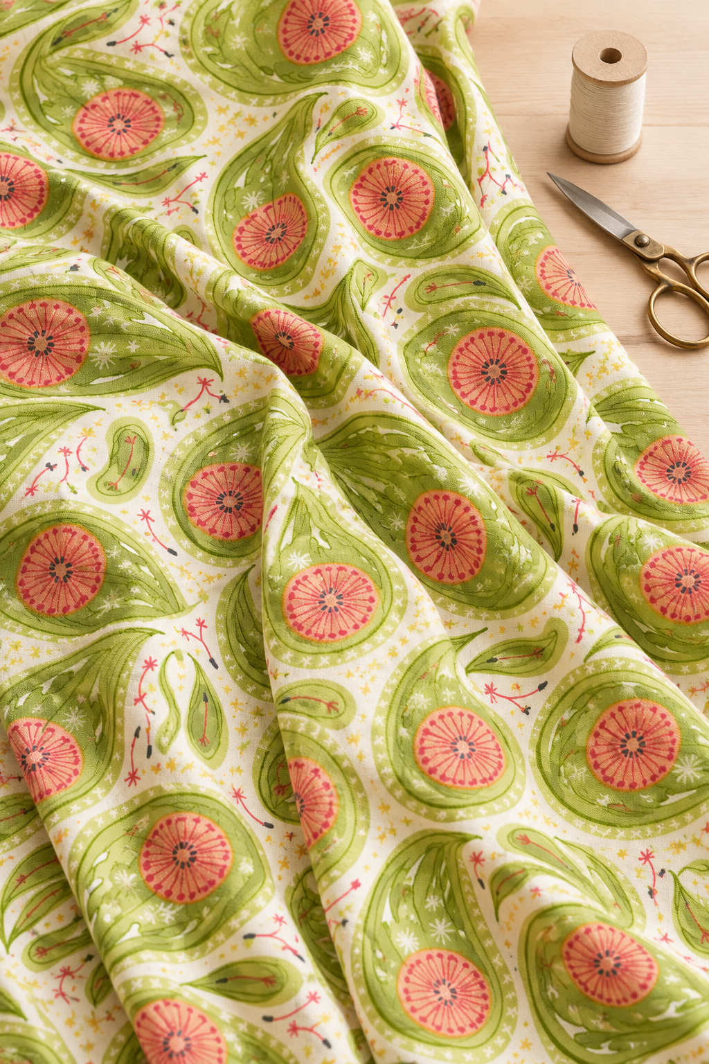 Folds of Dandi Duo Grass fabric showing green floral paisleys and coral-pink flowers on a cream ground.