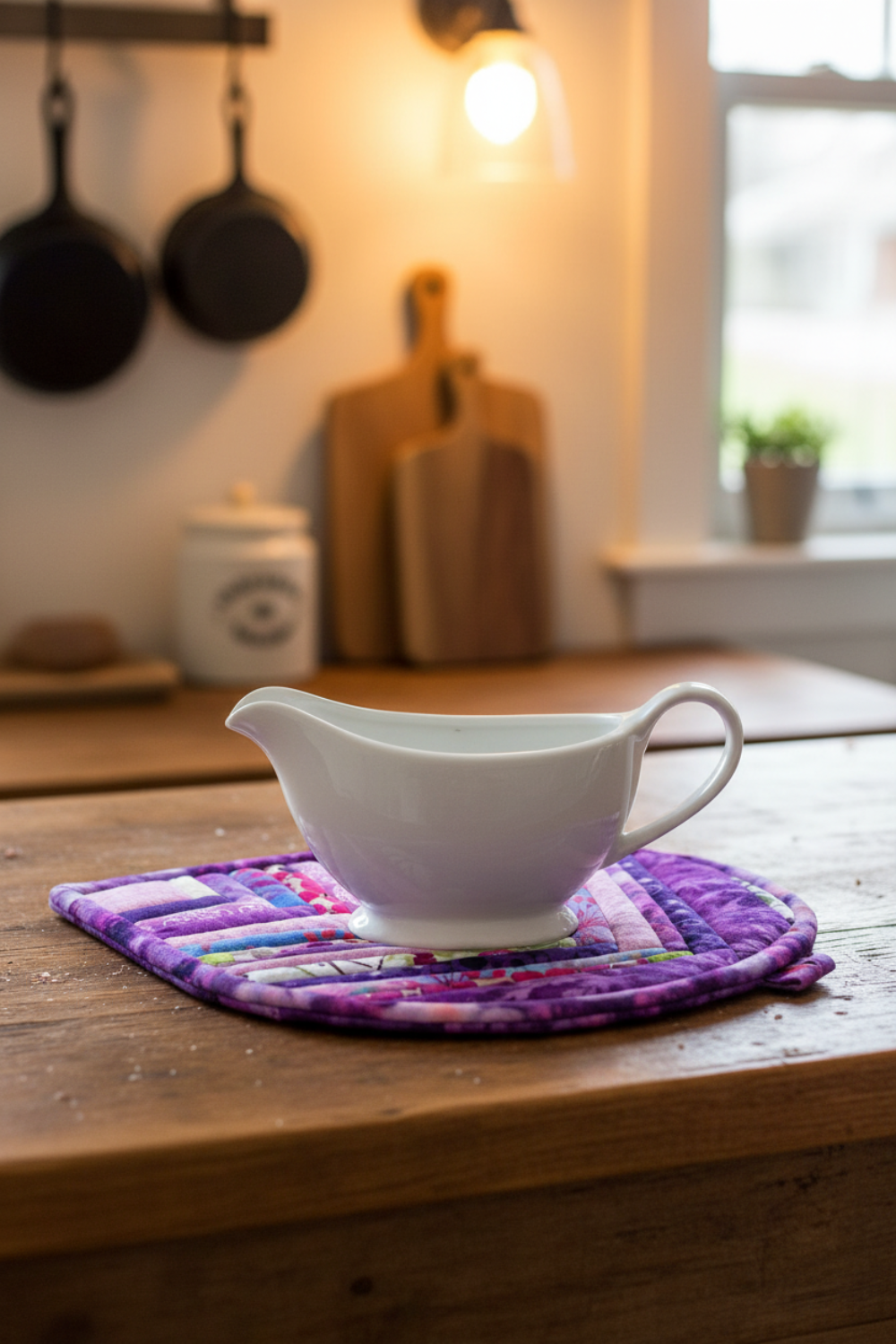 Handmade Violet Jewel quilted leaf hot pad under a white ceramic gravy boat | IraRobi Quilts #handmadekitchen #hotpad #quilted