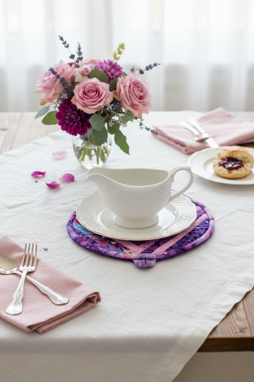 Handmade Violet Bloom quilted leaf hot pad under a white ceramic gravy boat with pink and purple flowers | IraRobi Quilts #handmadekitchen #cottagestyle"