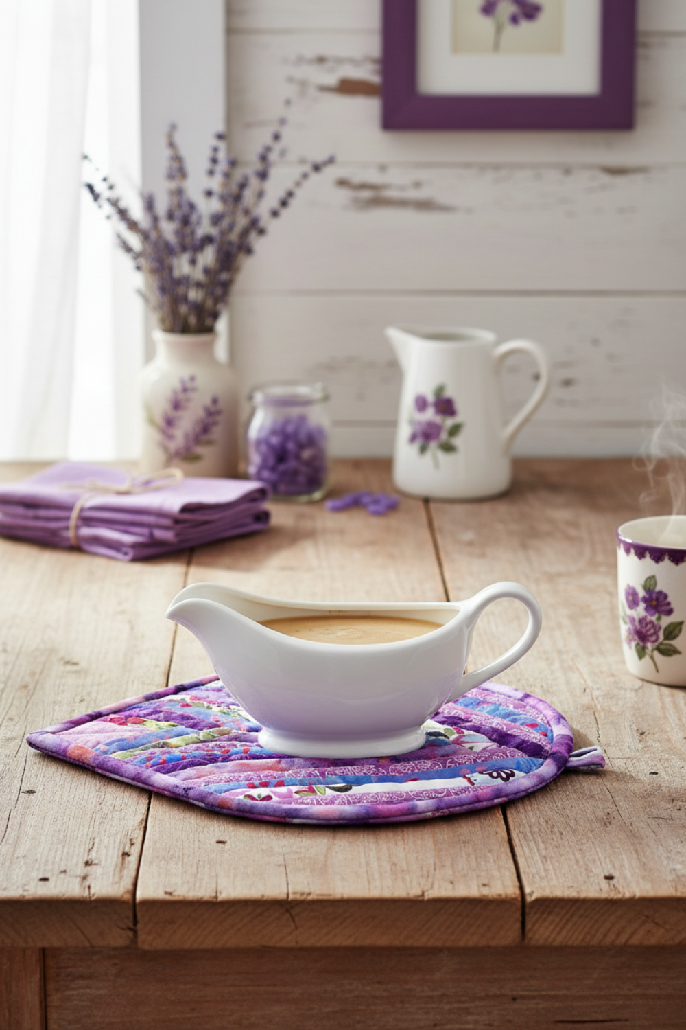 Handmade Purple Garden quilted leaf hot pad under a white ceramic gravy boat | IraRobi Quilts #handmadekitchen #hotpad #quilted