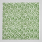 Winter Solstice II Green on White Snow Swirl quilting cotton by Jason Yenter for In The Beginning Fabrics — close-up flat lay showing flowing white scroll swirls and spirals with snowflakes nestled in the curls and tiny scattered stars on mottled watercolor green ground, 100% cotton, 43–44" wide. Quilt blocks shown for inspiration. Coordinating fabrics and quilt patterns are available at IraRobi Quilts.