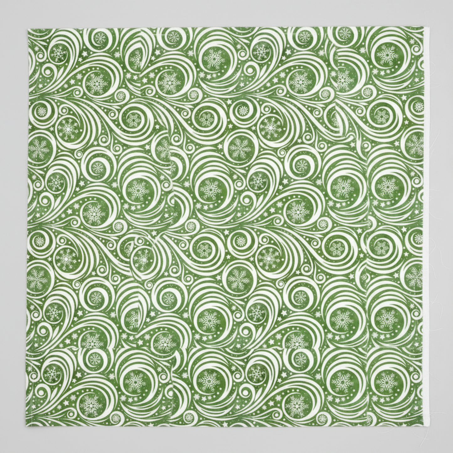 Winter Solstice II Green on White Snow Swirl quilting cotton by Jason Yenter for In The Beginning Fabrics — close-up flat lay showing flowing white scroll swirls and spirals with snowflakes nestled in the curls and tiny scattered stars on mottled watercolor green ground, 100% cotton, 43–44" wide. Quilt blocks shown for inspiration. Coordinating fabrics and quilt patterns are available at IraRobi Quilts.