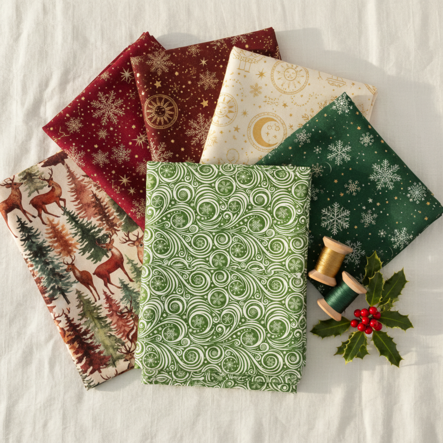 Winter Solstice II Green on White Snow Swirl Fabric by Jason Yenter for In The Beginning Fabrics — shown with coordinating quilting cottons fanned flat, with green and gold thread spools and a holly sprig. Coordinating fabrics and quilt patterns are available at IraRobi Quilts.