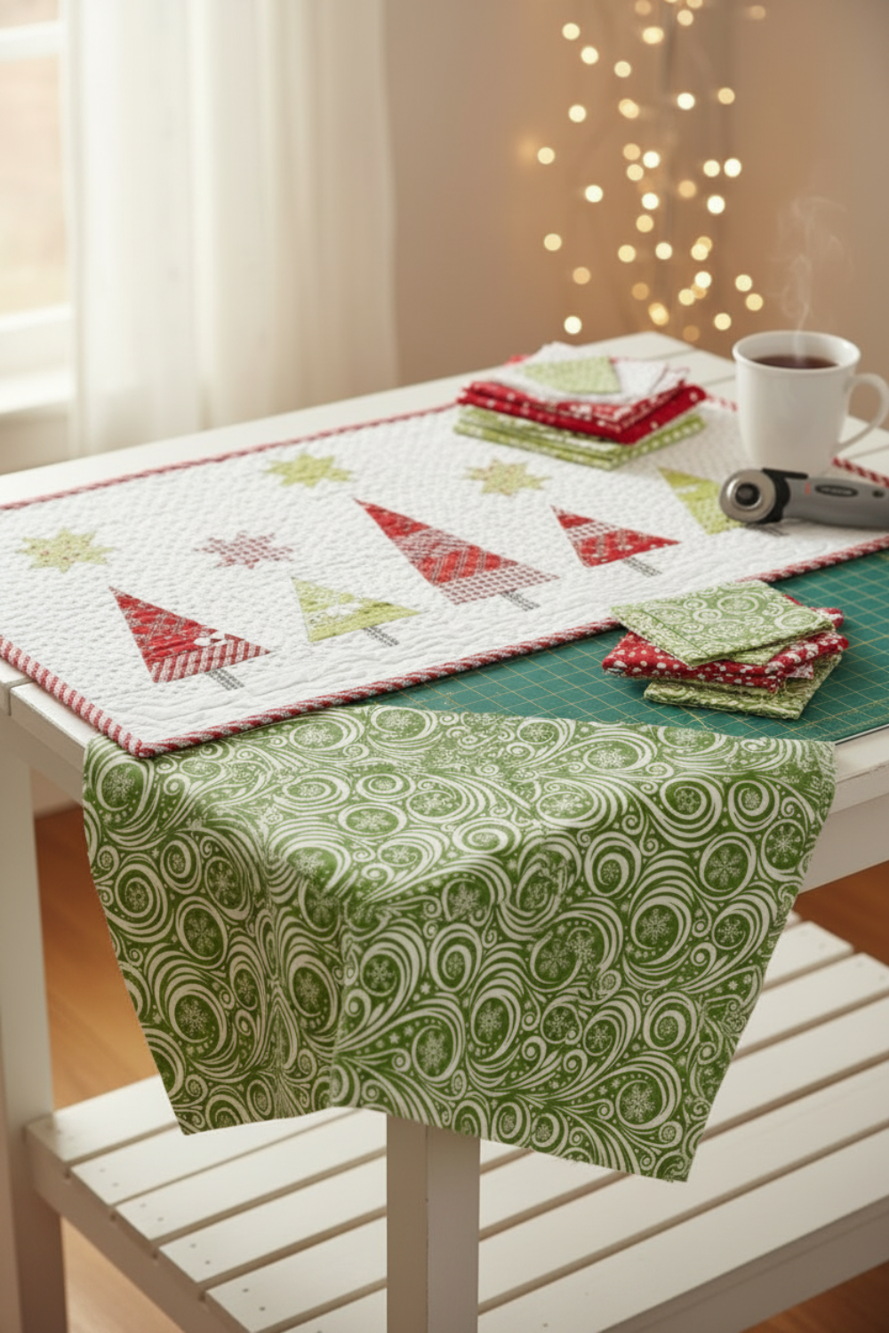 Winter Solstice II Green on White Snow Swirl Fabric by Jason Yenter for In The Beginning Fabrics — shown as the green tree fabric in the Snowy Pines Table Runner by Margot Languedoc, cozy sewing room work in progress with fairy lights. Quilts shown for inspiration feature the Snowy Pines Table Runner by Margot Languedoc for The Pattern Basket — available at IraRobi Quilts.