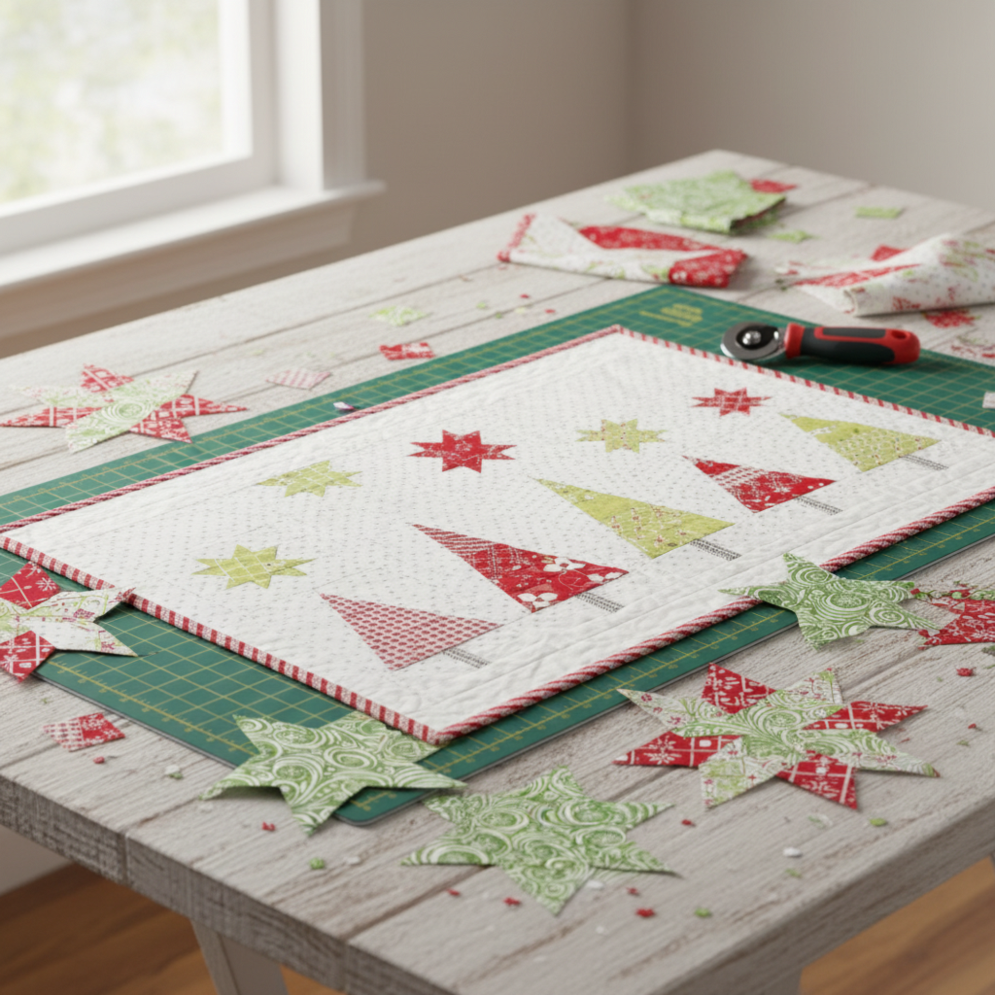Winter Solstice II Green on White Snow Swirl Fabric by Jason Yenter for In The Beginning Fabrics — shown as the green tree fabric in the Snowy Pines Table Runner pattern by Margot Languedoc for The Pattern Basket, work in progress on a white cutting table with rotary cutter, green cutting mat, and coordinating red and white fabric pieces. Quilts shown for inspiration feature the Snowy Pines Table Runner by Margot Languedoc for The Pattern Basket — available at IraRobi Quilts.