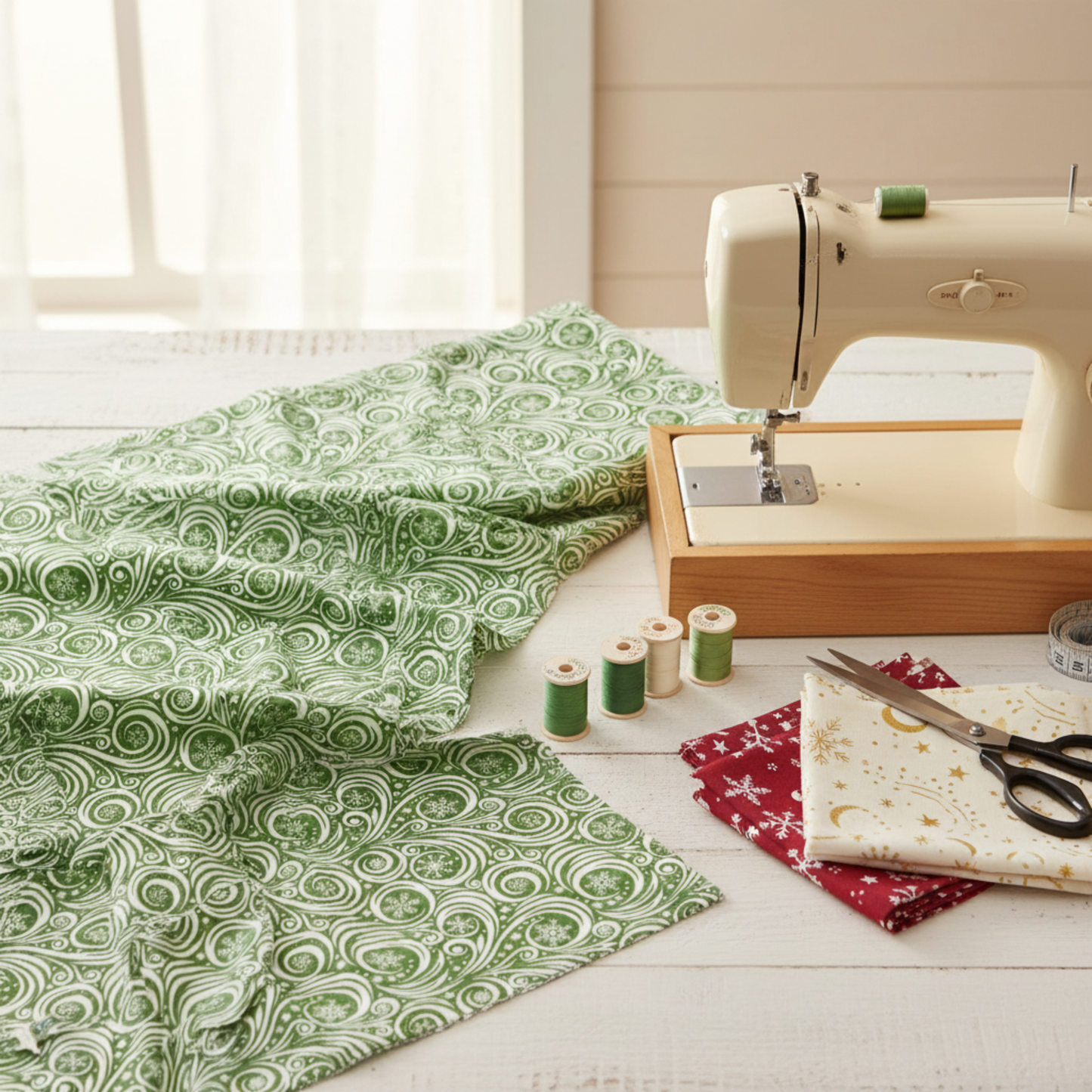Winter Solstice II Green on White Snow Swirl quilting cotton by Jason Yenter for In The Beginning Fabrics — fabric draped alongside a vintage sewing machine with green and white thread spools, scissors, and coordinating crimson and cream fabric swatches in a cozy holiday sewing room. Coordinating fabrics and quilt patterns are available at IraRobi Quilts.