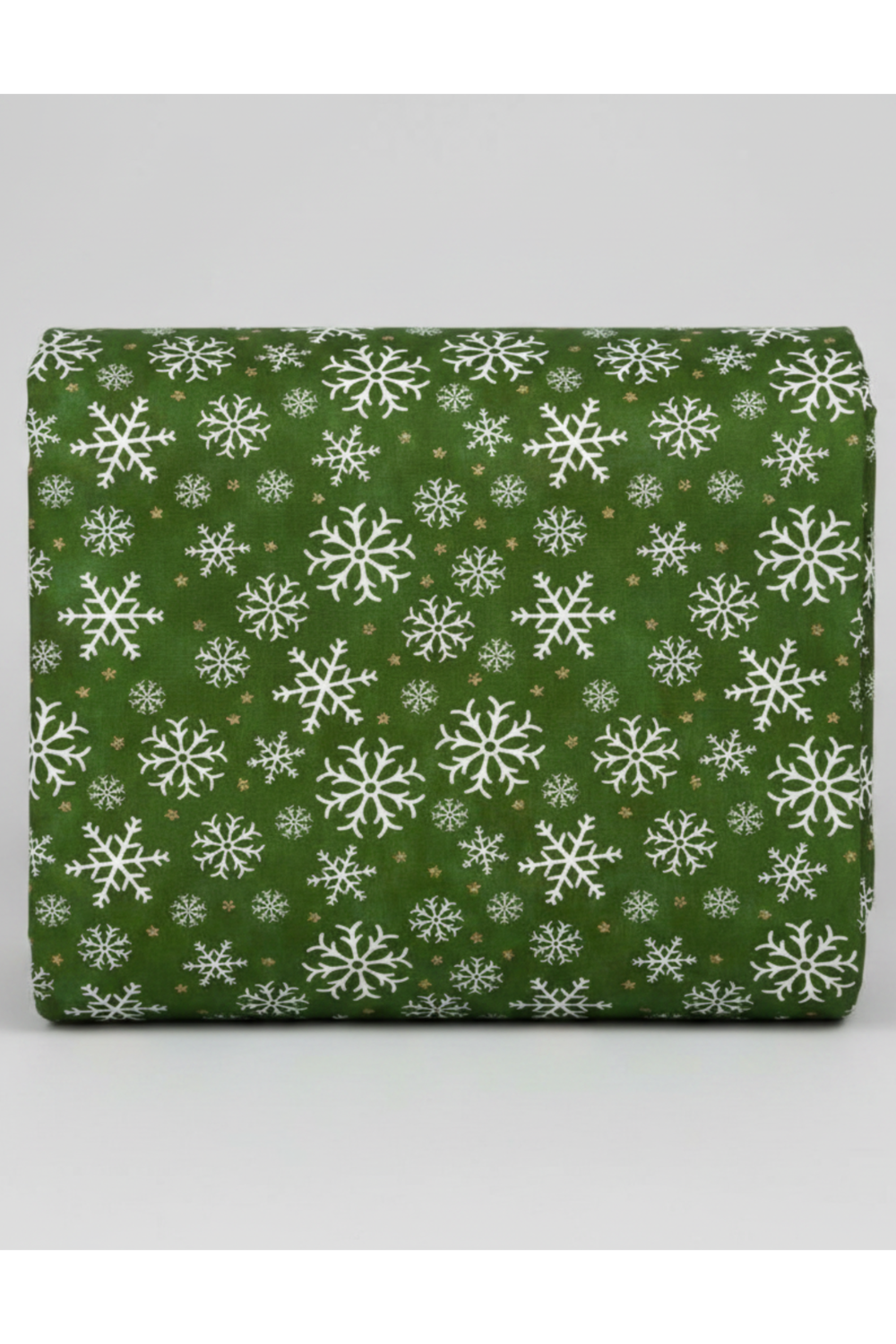 Winter Solstice II Green Snowflakes Metallic quilting cotton by Jason Yenter for In The Beginning Fabrics — folded fabric bolt showing tossed white snowflakes in multiple sizes with tiny gold metallic star dots on rich deep forest green mottled ground, 100% cotton with metallic accents, 43–44" wide. Quilt blocks shown for inspiration. Coordinating fabrics and quilt patterns are available at IraRobi Quilts.
