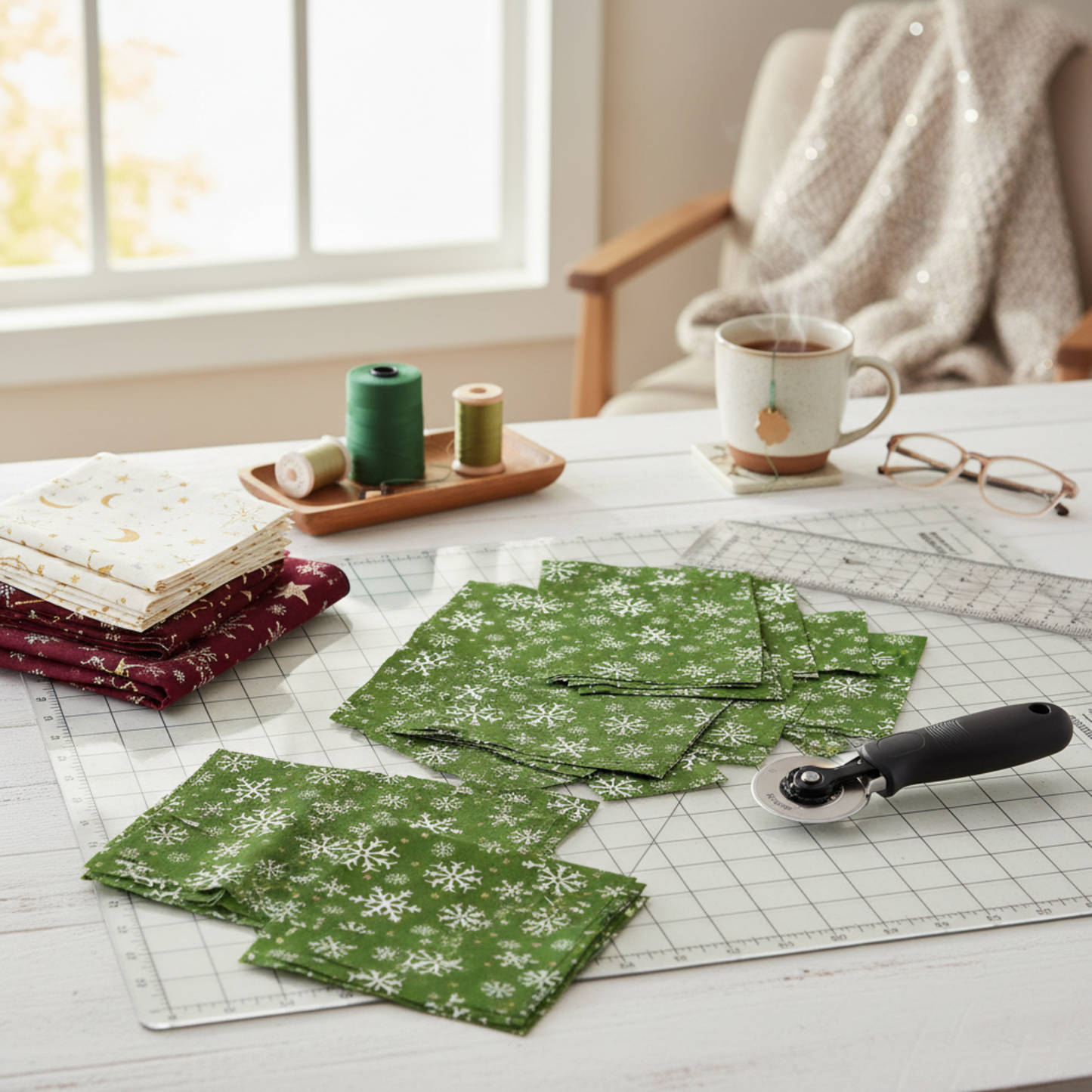 Winter Solstice II Green Snowflakes Metallic quilting cotton by Jason Yenter for In The Beginning Fabrics — fabric cut into squares alongside coordinating burgundy snowflake and cream celestial metallic fabrics in a holiday quilt in progress, with cutting mat and rotary cutter in a cozy workspace. Quilts shown for inspiration. Coordinating fabrics and quilt patterns are available at IraRobi Quilts.
