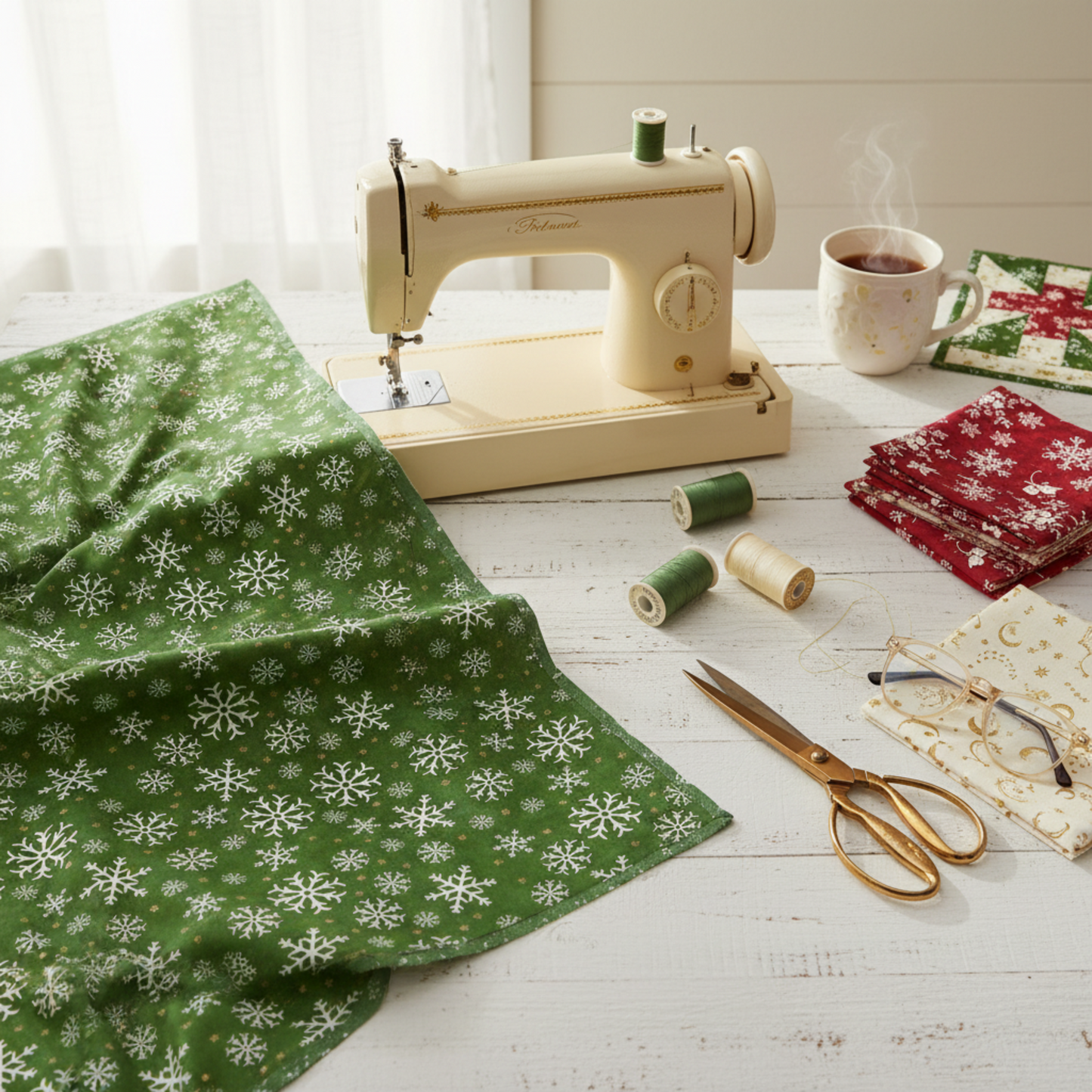 Winter Solstice II Green Snowflakes Metallic quilting cotton by Jason Yenter for In The Beginning Fabrics — fabric draped alongside a vintage sewing machine with green and gold thread spools, scissors, and coordinating crimson and cream metallic fabric swatches in a cozy holiday sewing room. Quilt blocks shown for inspiration. Coordinating fabrics and quilt patterns are available at IraRobi Quilts.