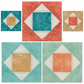 Five quilt block samples made with Creative Grids Half Square 4-in-1 Triangle Ruler in coastal batik fabrics – aqua, coral, and sandy beige color palette
