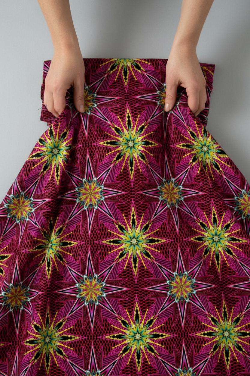 What If Radio Star Red/Multi quilting cotton gathered in hands showing fabric drape and texture — bold kaleidoscopic starburst by Paula Nadelstern for Benartex