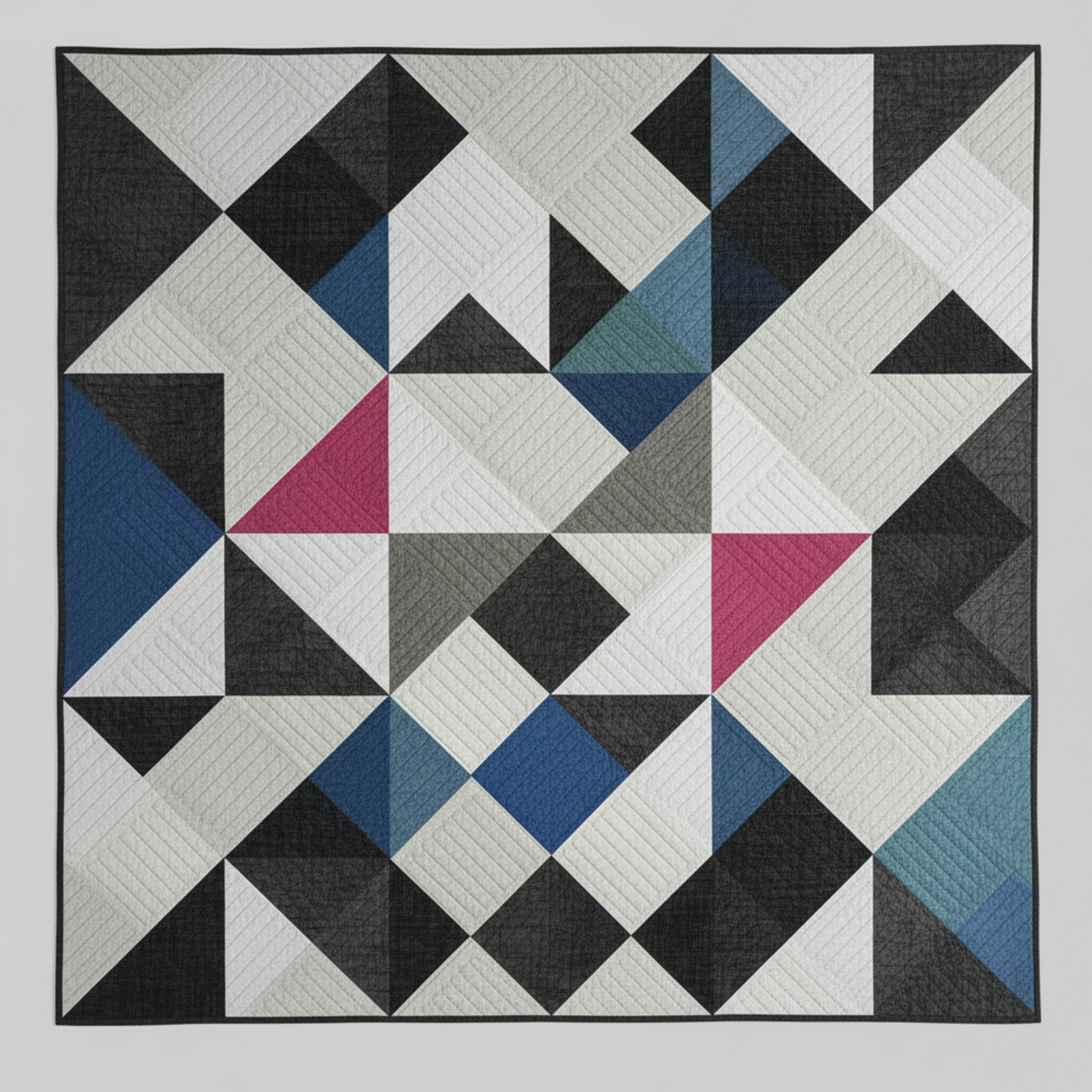Happy Hour quilt made with Interwoven Charcoal by Jason Yenter for In The Beginning Fabrics – bold graphic half-square triangle pinwheel blocks in deep charcoal grey-black and white, Happy Hour Quilt Pattern by Zen Chic