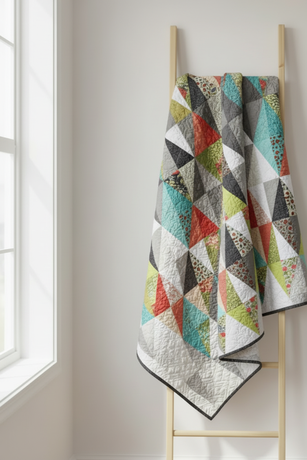 Thatched Soft Black quilting cotton by Robin Pickens for Moda Fabrics — shown in the Harlequin Quilt Pattern by Robin Pickens displayed in a bright quilting studio with coordinating Thatched colorways in greys, creams, and warm neutrals. Quilts shown for inspiration feature the Harlequin Quilt Pattern by Robin Pickens — available at IraRobi Quilts.
