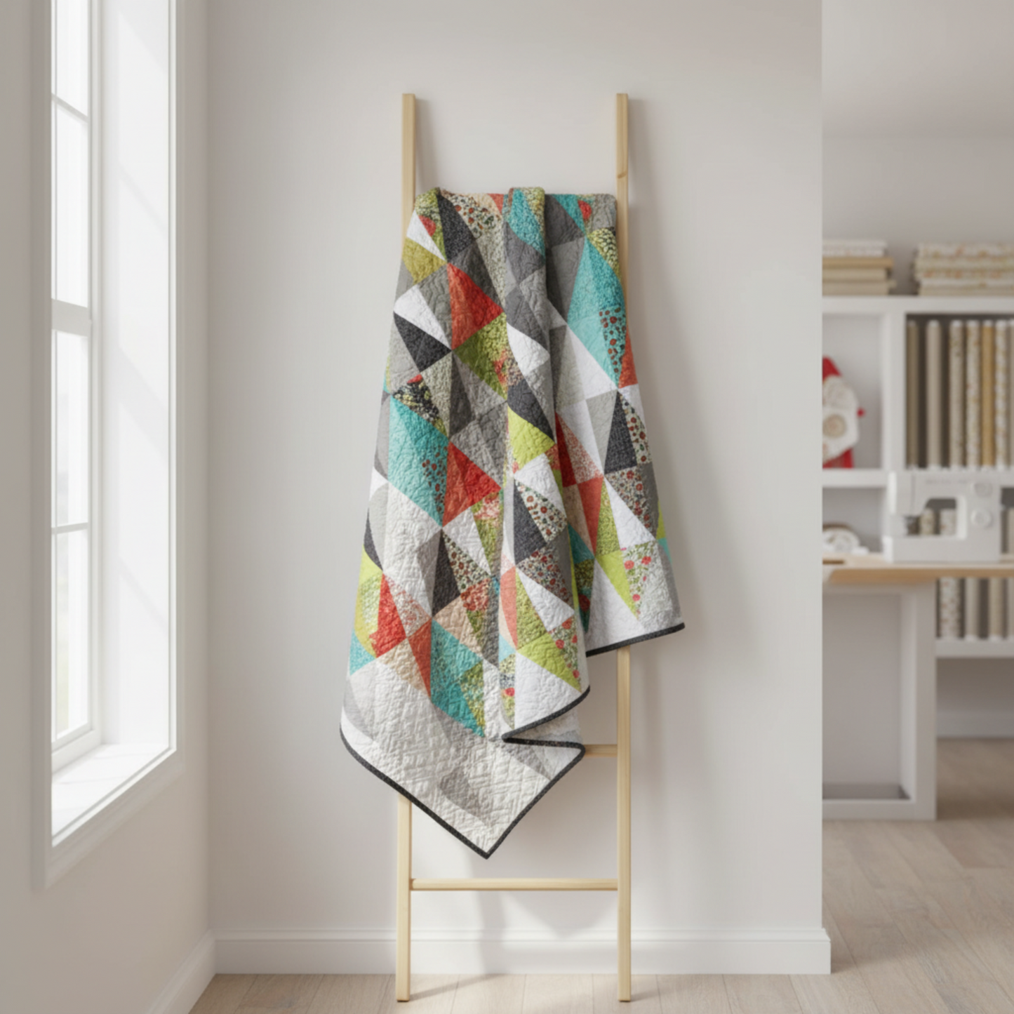 Thatched Soft Black quilting cotton by Robin Pickens for Moda Fabrics — shown in the Harlequin Quilt Pattern by Robin Pickens displayed in a bright quilting studio with coordinating Thatched colorways in greys, creams, and warm neutrals. Quilts shown for inspiration feature the Harlequin Quilt Pattern by Robin Pickens — available at IraRobi Quilts.