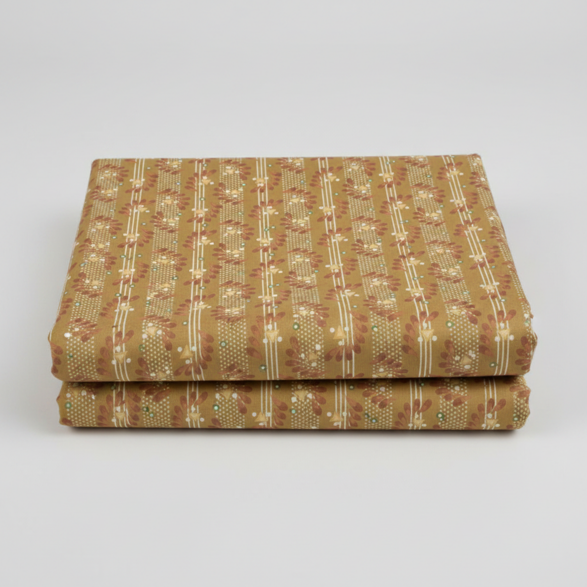 Front Porch by Dolores Smith, Railings Gold quilting cotton for Marcus Fabrics — neatly folded fabric showing warm olive-gold ground with vertical leaf garland stripe columns in muted burgundy and cream