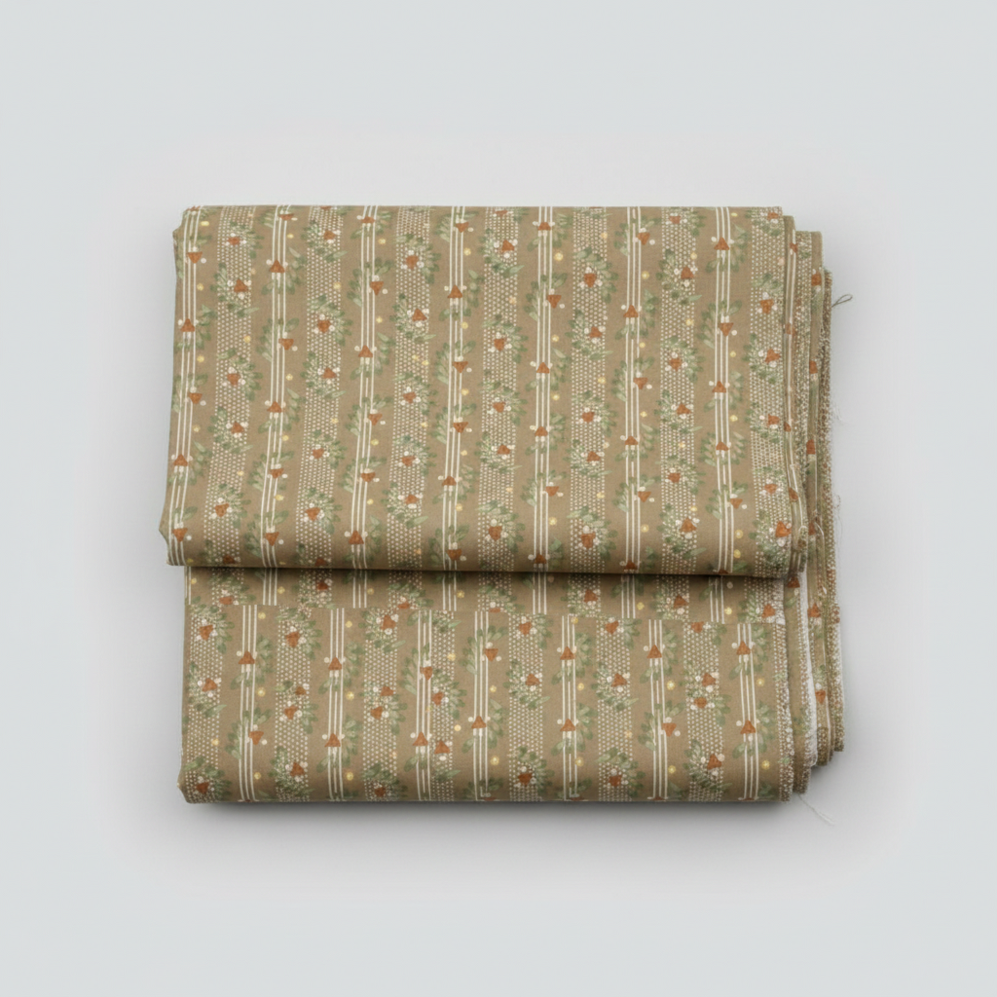Front Porch by Dolores Smith, Railings Taupe quilting cotton for Marcus Fabrics — neatly folded fabric showing warm taupe-brown ground with vertical sage green leaf garland stripes, rust tulip motifs, and cream pin stripes