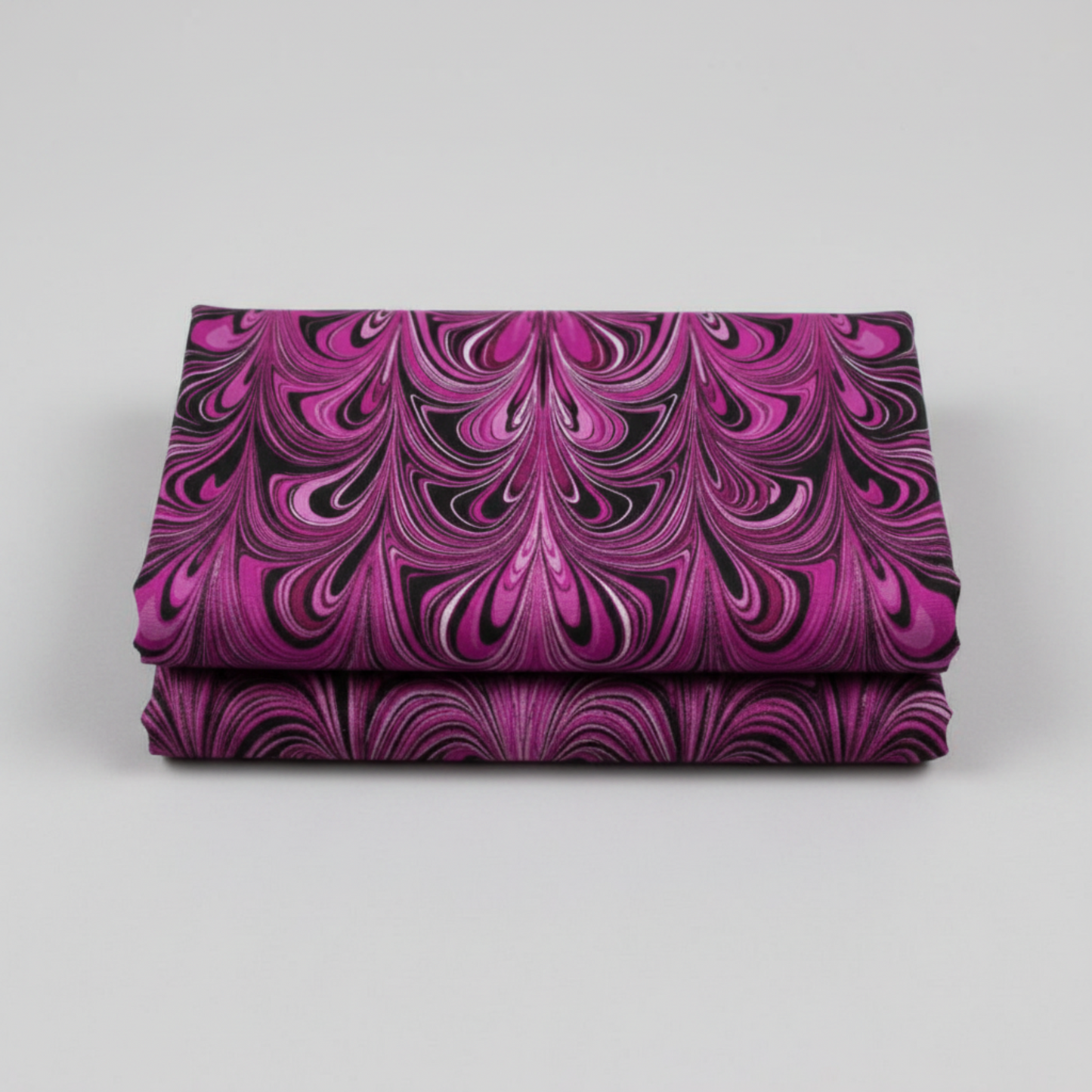 Needle Stars Chandelier Fuchsia quilting cotton folded to show full marbled feather swirl print — Paula Nadelstern for Benartex, 100% cotton, 43–44" wide