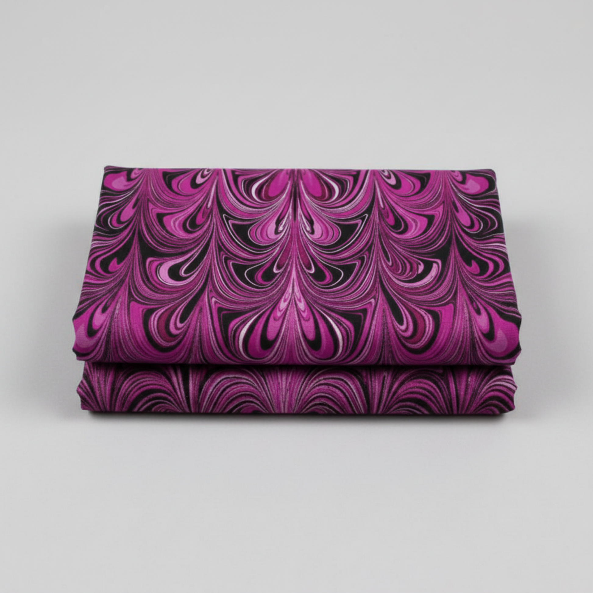 Needle Stars Chandelier Fuchsia quilting cotton folded to show full marbled feather swirl print — Paula Nadelstern for Benartex, 100% cotton, 43–44" wide