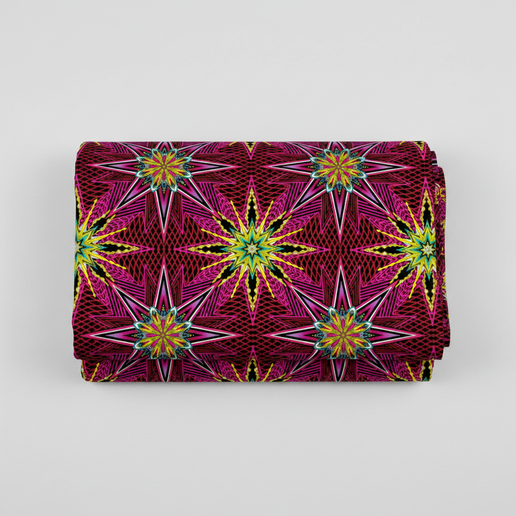 What If Radio Star Red/Multi quilting fabric folded to show full kaleidoscopic starburst print — Paula Nadelstern for Benartex, 100% cotton, 43–44" wide
