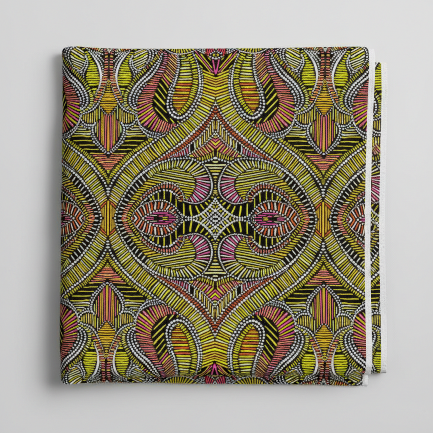 What If Good Vibes Gold/Multi quilting fabric folded to show full kaleidoscopic geometric print — Paula Nadelstern for Benartex, 100% cotton, 43–44" wide