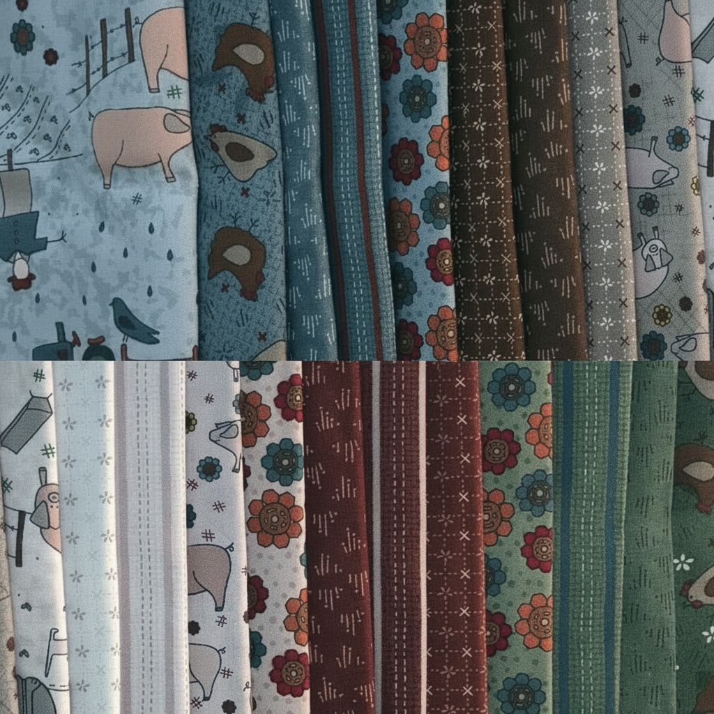 High Meadow Farm fabric strips by Lynette Anderson for RJR Fabrics – fanned out showing all prints including farm animals, pigs, chickens, florals, and geometric patterns in blue, teal, brown, burgundy, and cream
