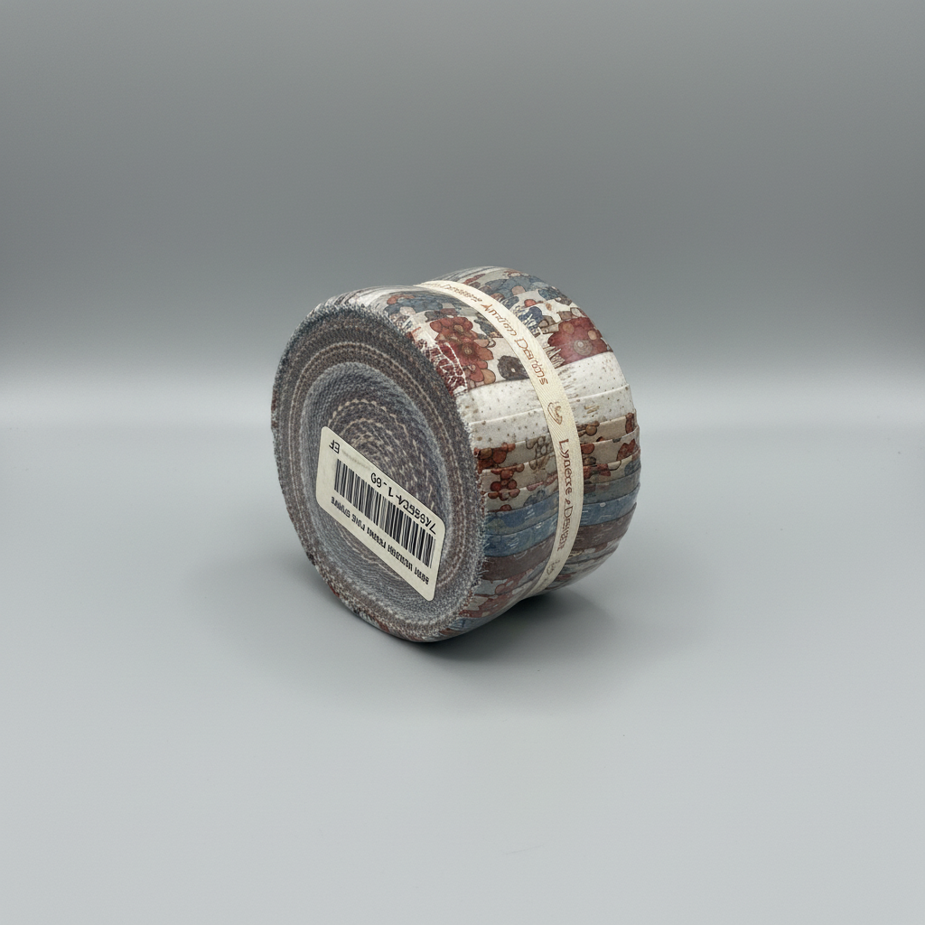 High Meadow Farm Jelly Roll by Lynette Anderson Designs – 40 fabric strips in blue, brown and cream farm prints, shown on grey background