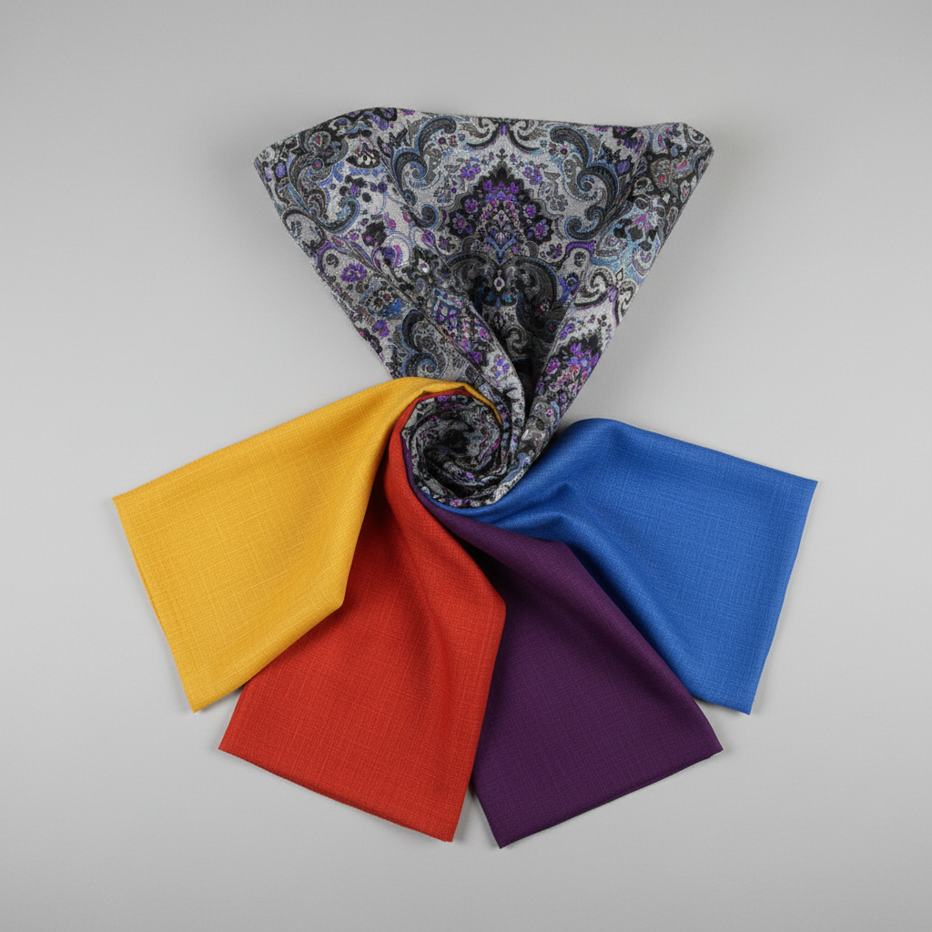 What If Prima Donna Grey/Blue by Paula Nadelstern twisted in hurricane funnel with coordinating Interwoven fabrics in yellow, tomato, plum, and periwinkle